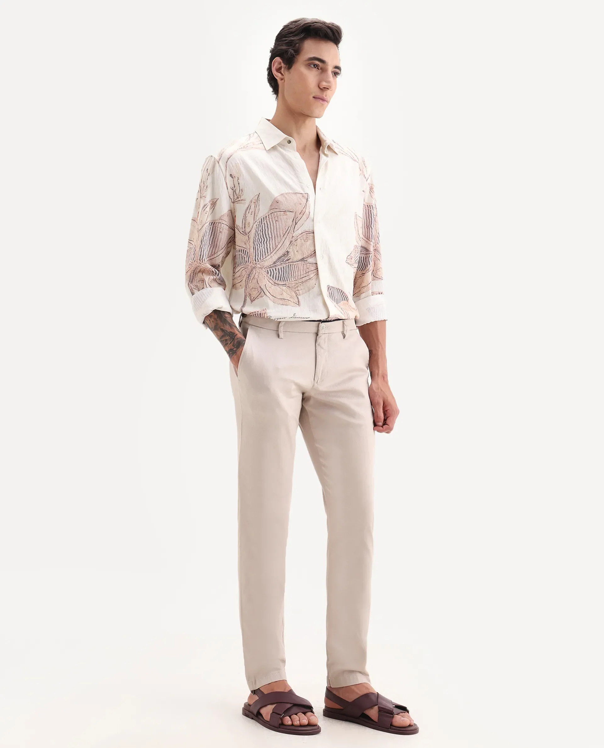 Rare Rabbit Men's Cellular Light Pink Cotton Plain Regular Fit Trouser - Image 5