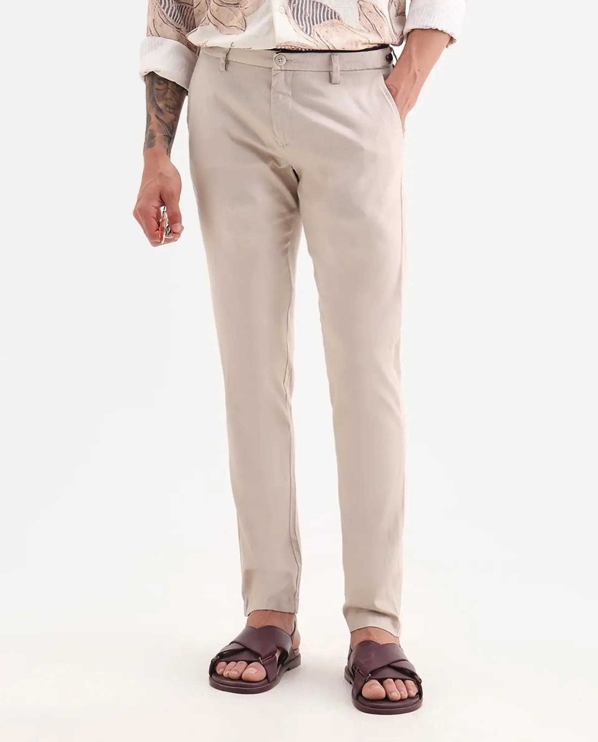 Rare Rabbit Men's Cellular Light Pink Cotton Plain Regular Fit Trouser - Image 8
