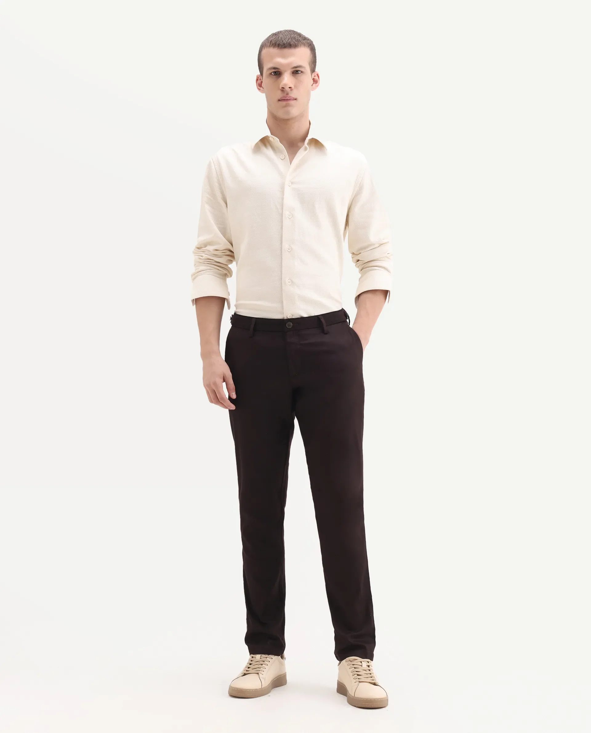 Rare Rabbit Men's Cellular Maroon Cotton Plain Regular Fit Trouser