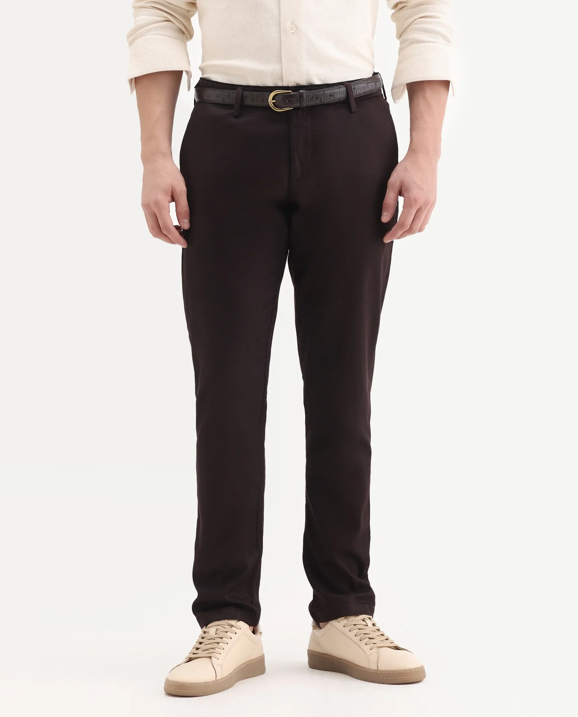 Rare Rabbit Men's Cellular Maroon Cotton Plain Regular Fit Trouser - Image 2