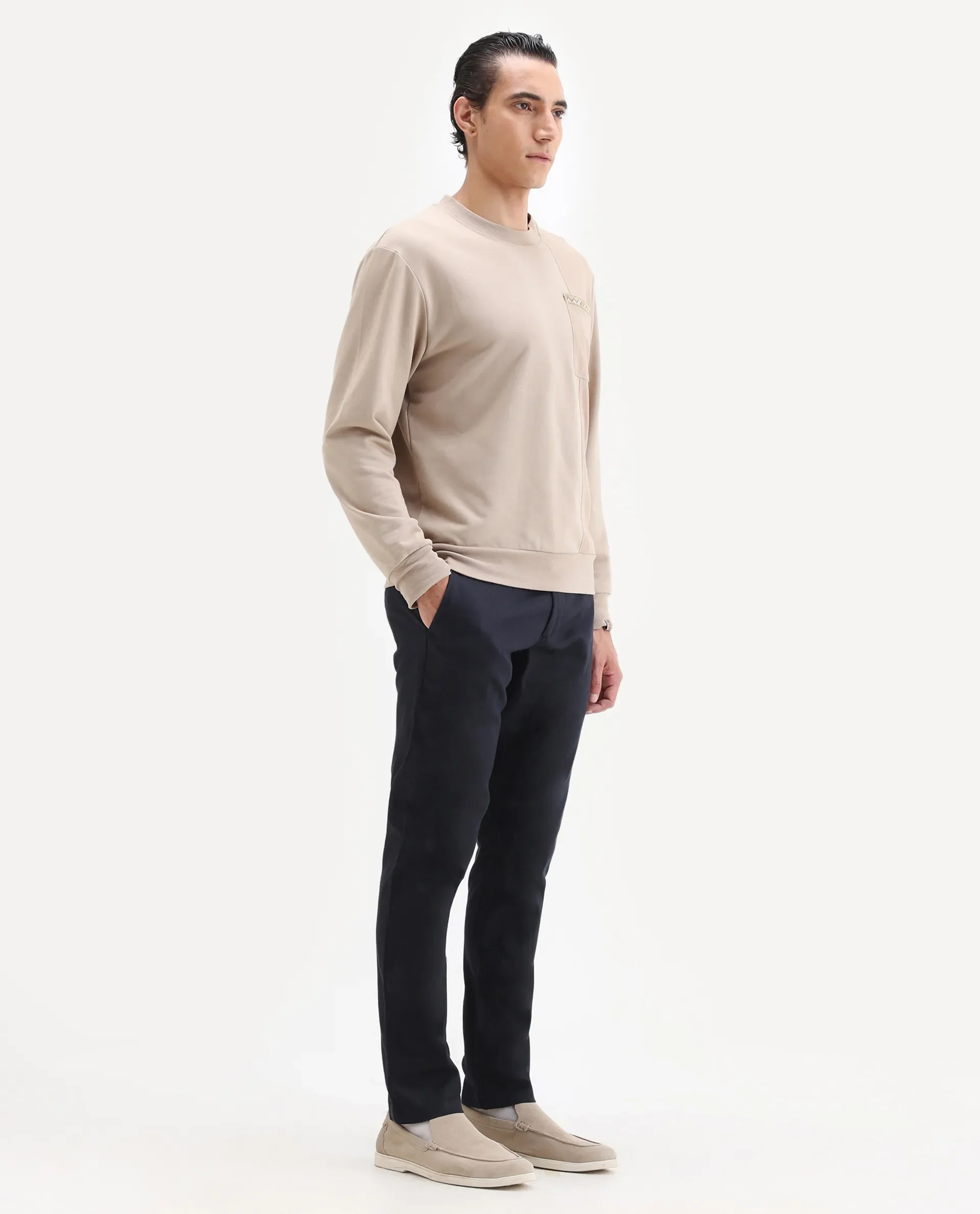 Rare Rabbit Men's Cellular Navy Cotton Plain Regular Fit Trouser - Image 4