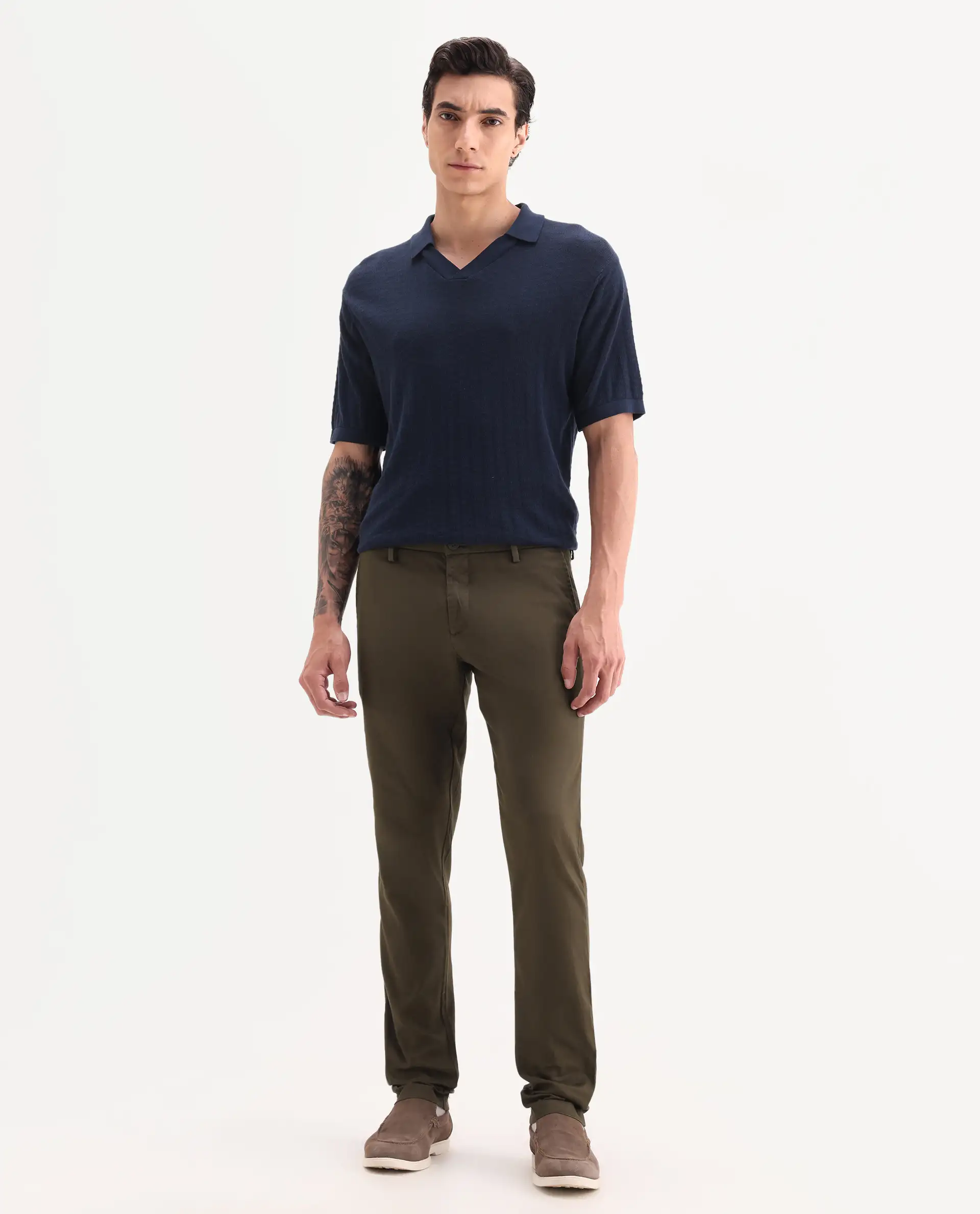 Rare Rabbit Men's Cellular Olive Cotton Plain Regular Fit Trouser - Image 2