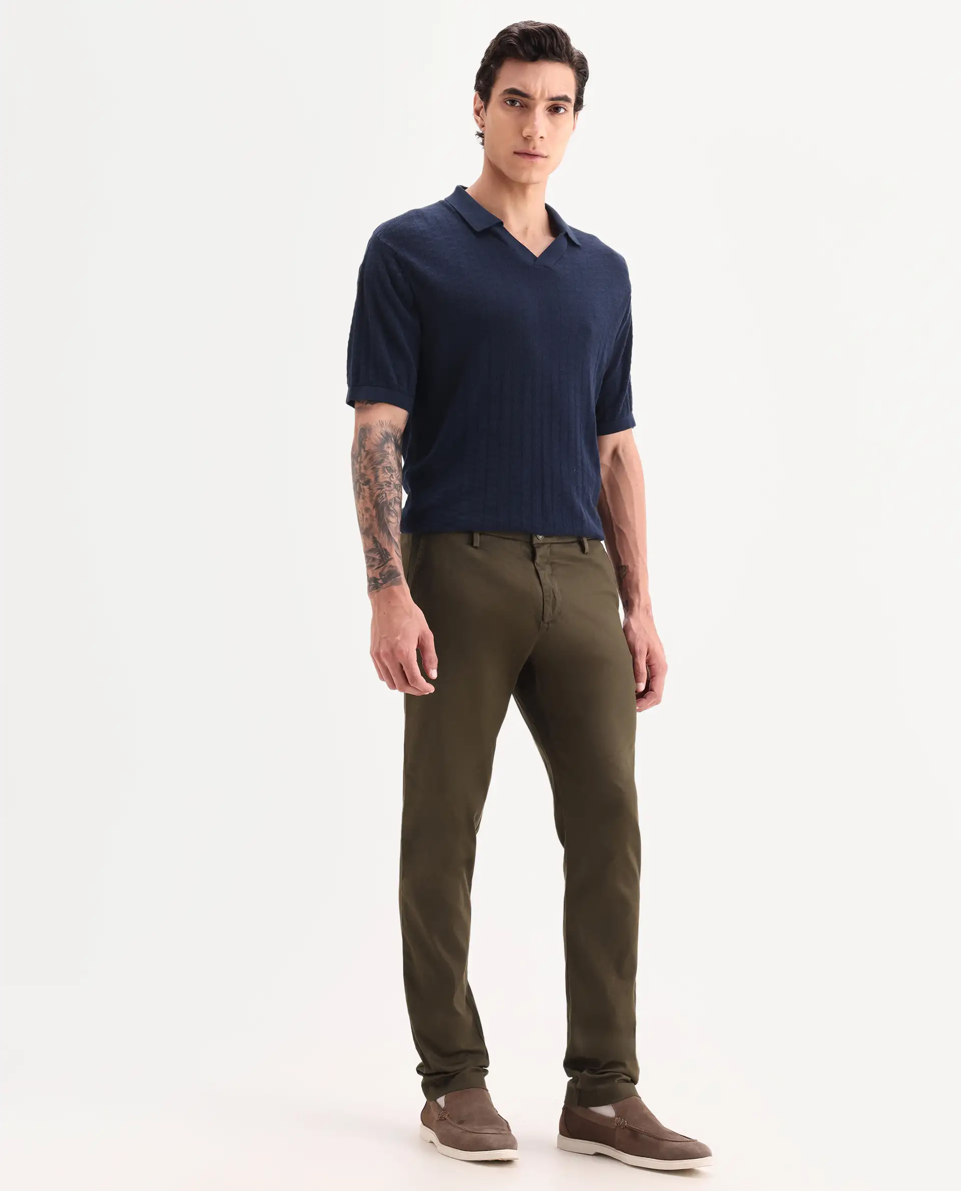 Rare Rabbit Men's Cellular Olive Cotton Plain Regular Fit Trouser - Image 3