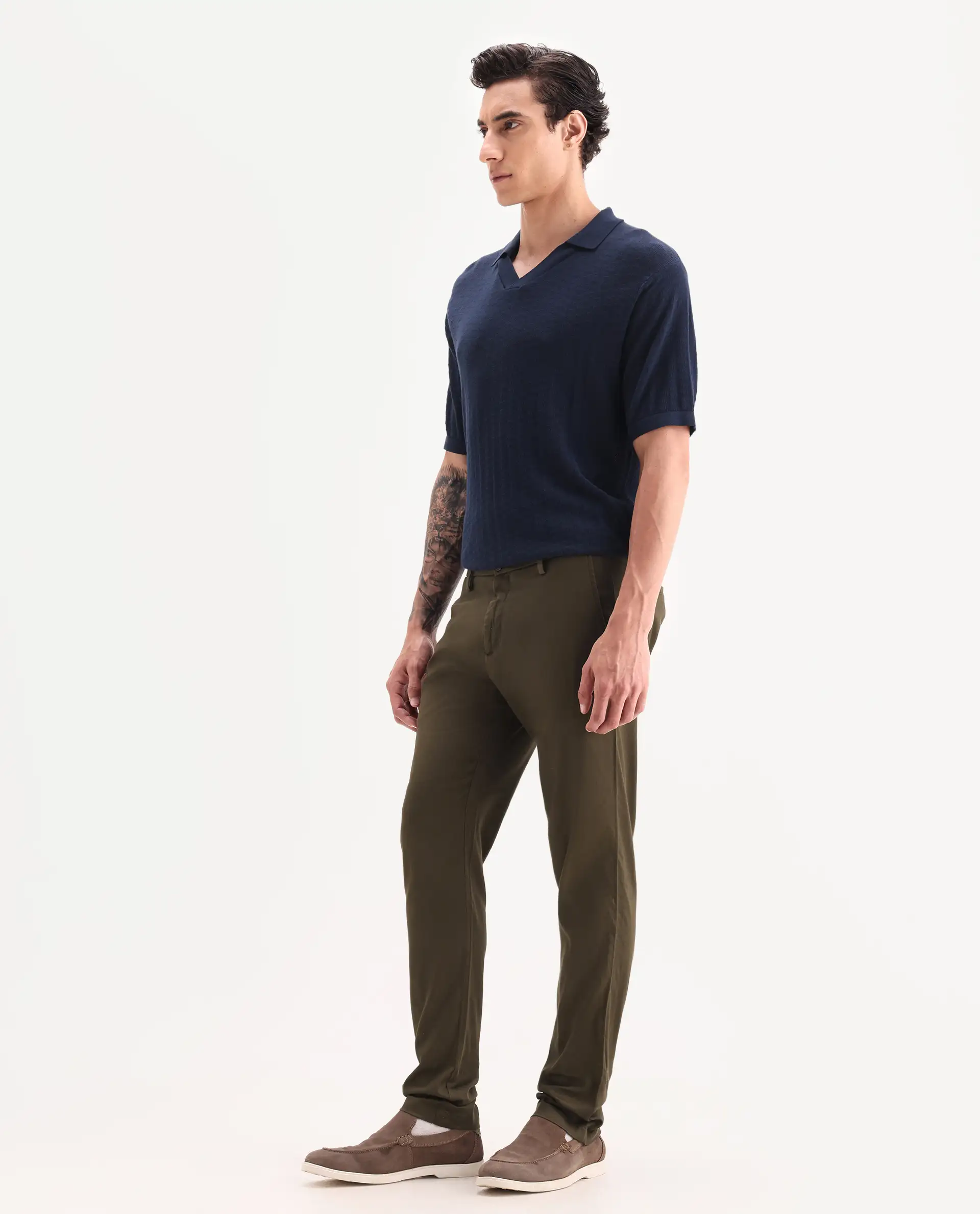 Rare Rabbit Men's Cellular Olive Cotton Plain Regular Fit Trouser - Image 5