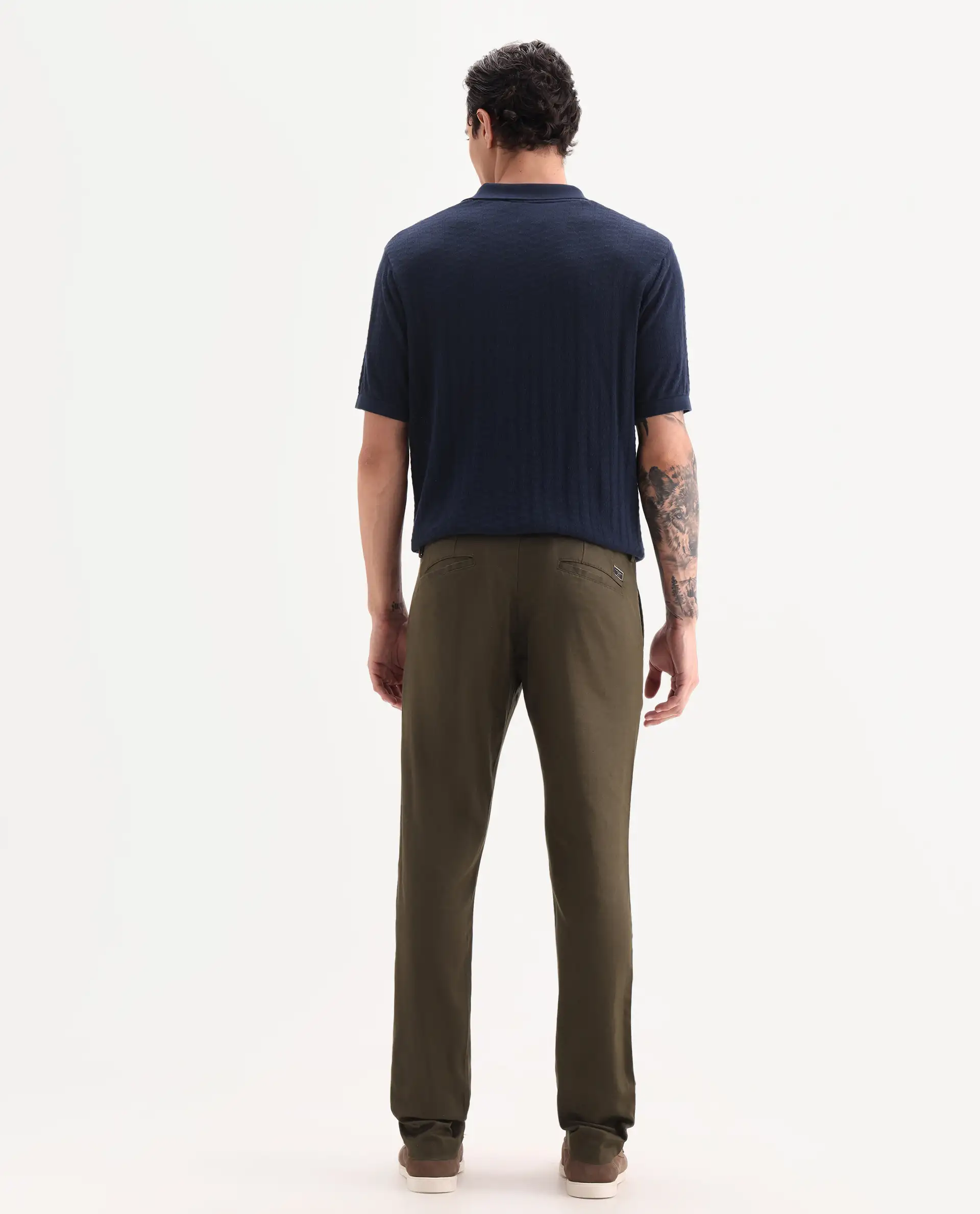 Rare Rabbit Men's Cellular Olive Cotton Plain Regular Fit Trouser - Image 6