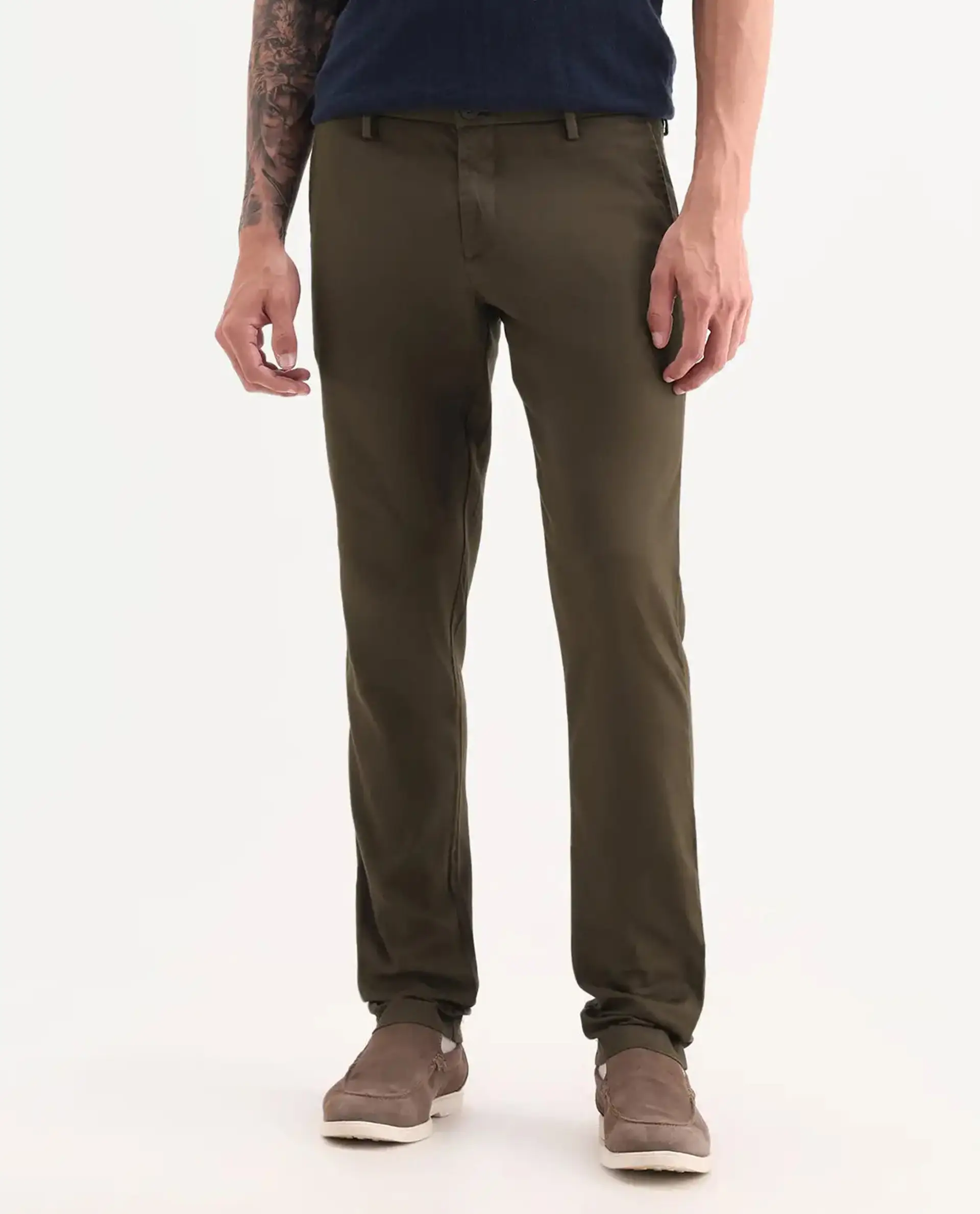 Rare Rabbit Men's Cellular Olive Cotton Plain Regular Fit Trouser - Image 7