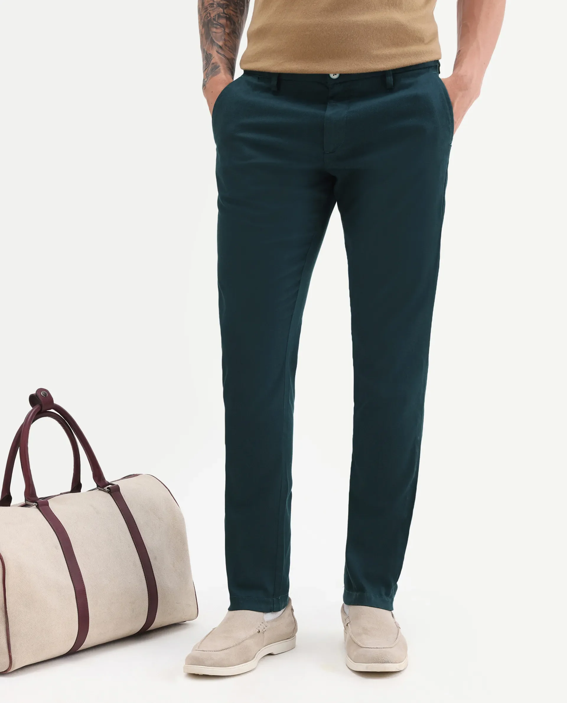 Rare Rabbit Men's Cellular Petrol Cotton Plain Regular Fit Trouser - Image 2