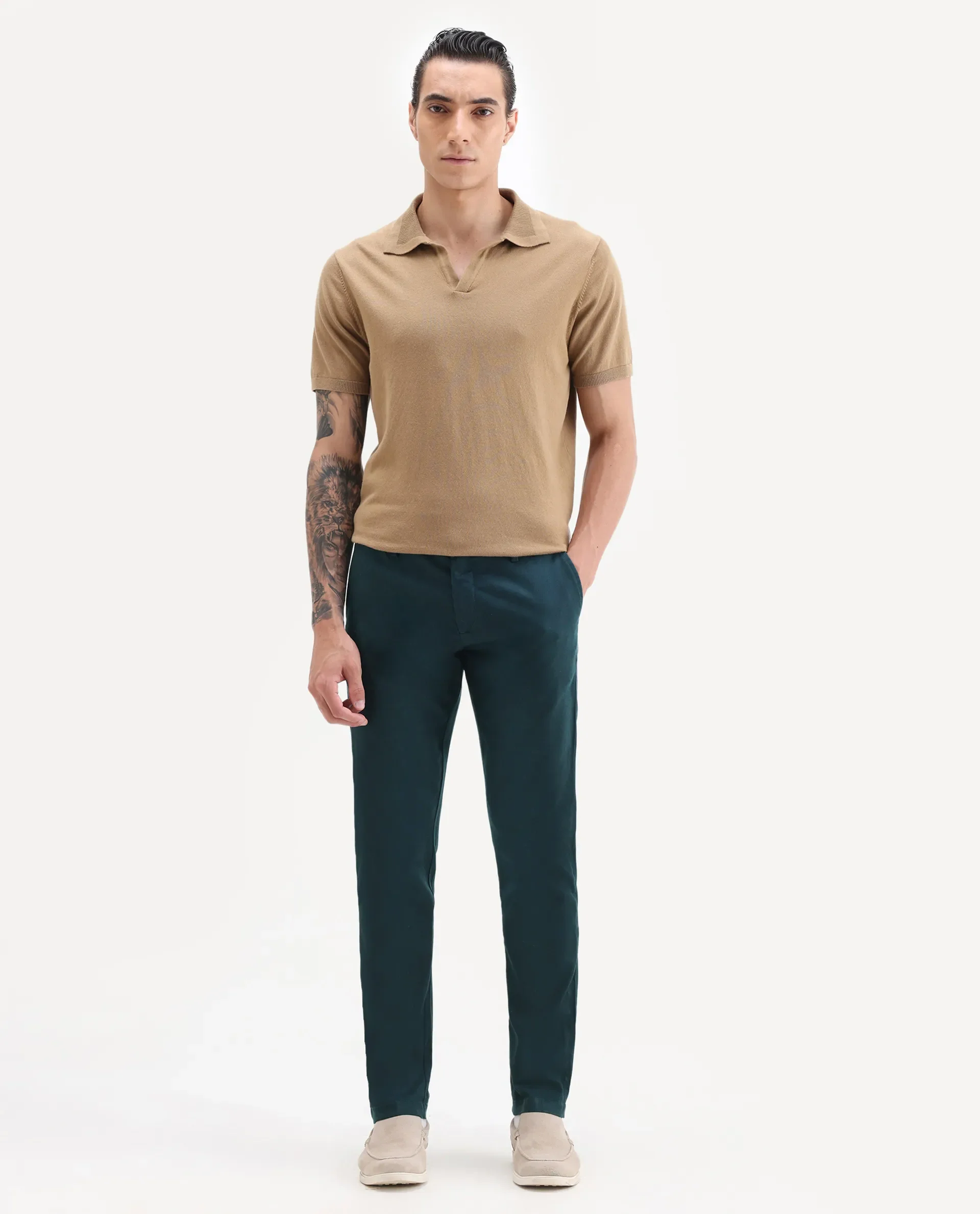 Rare Rabbit Men's Cellular Petrol Cotton Plain Regular Fit Trouser - Image 4