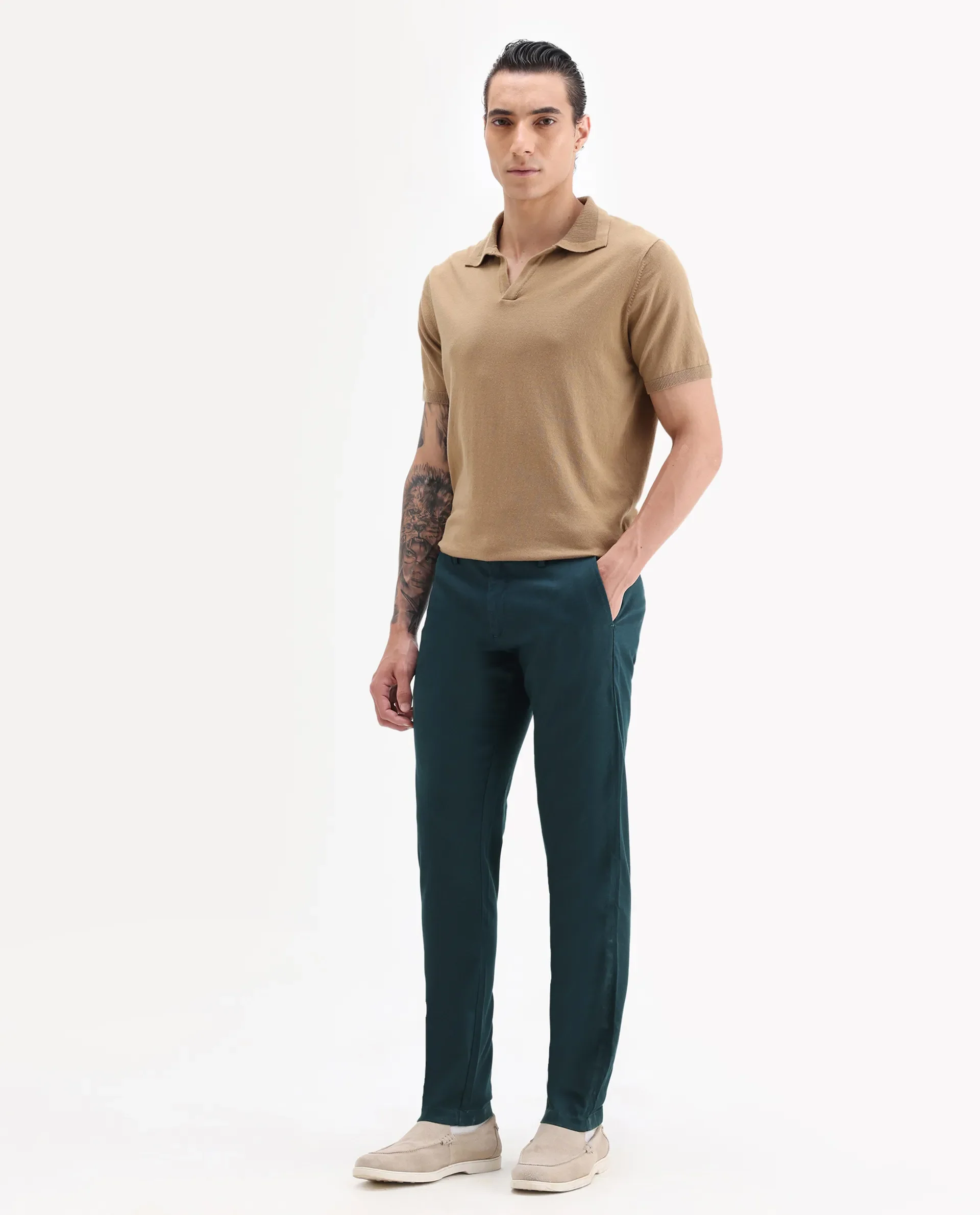 Rare Rabbit Men's Cellular Petrol Cotton Plain Regular Fit Trouser - Image 5