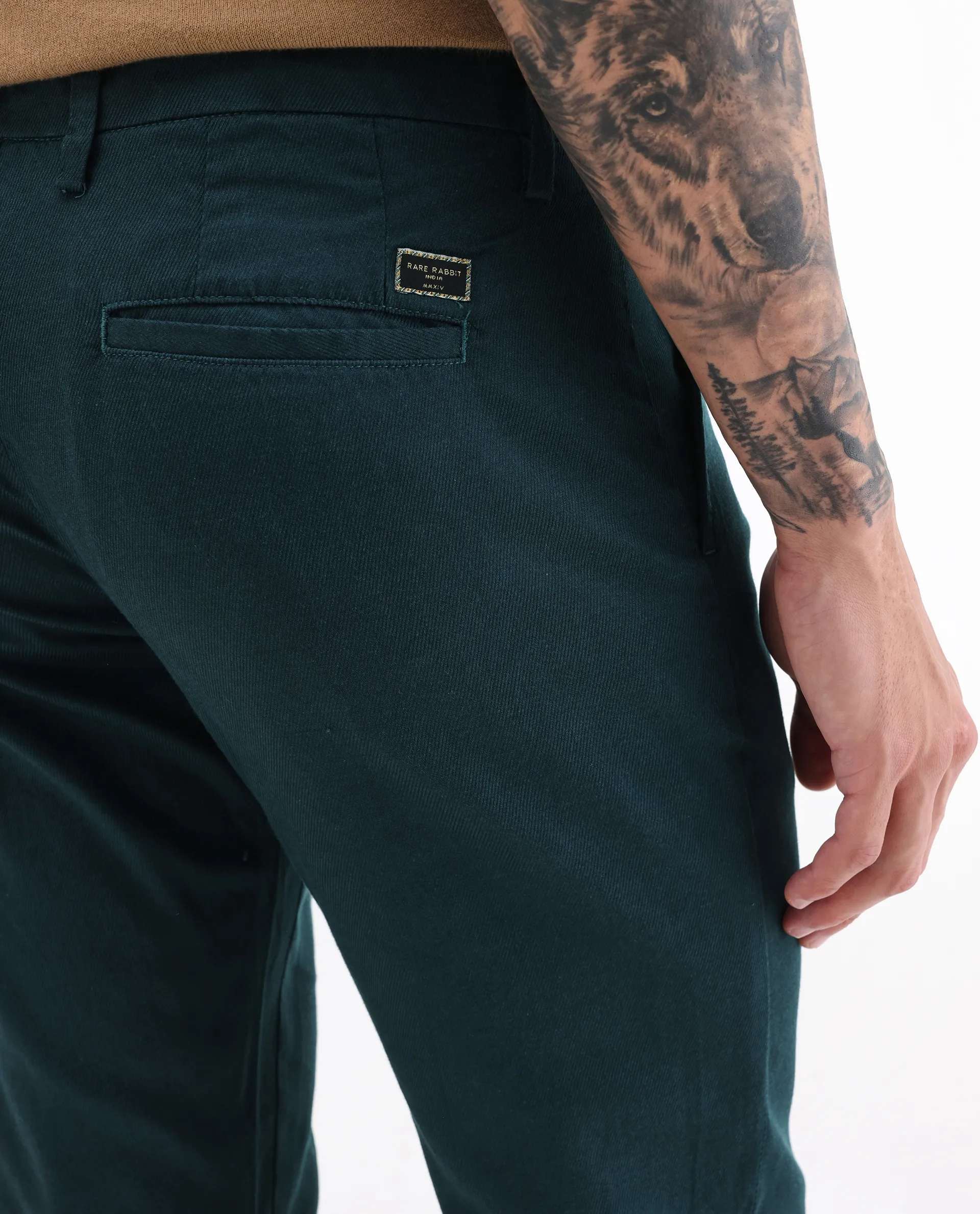 Rare Rabbit Men's Cellular Petrol Cotton Plain Regular Fit Trouser - Image 6
