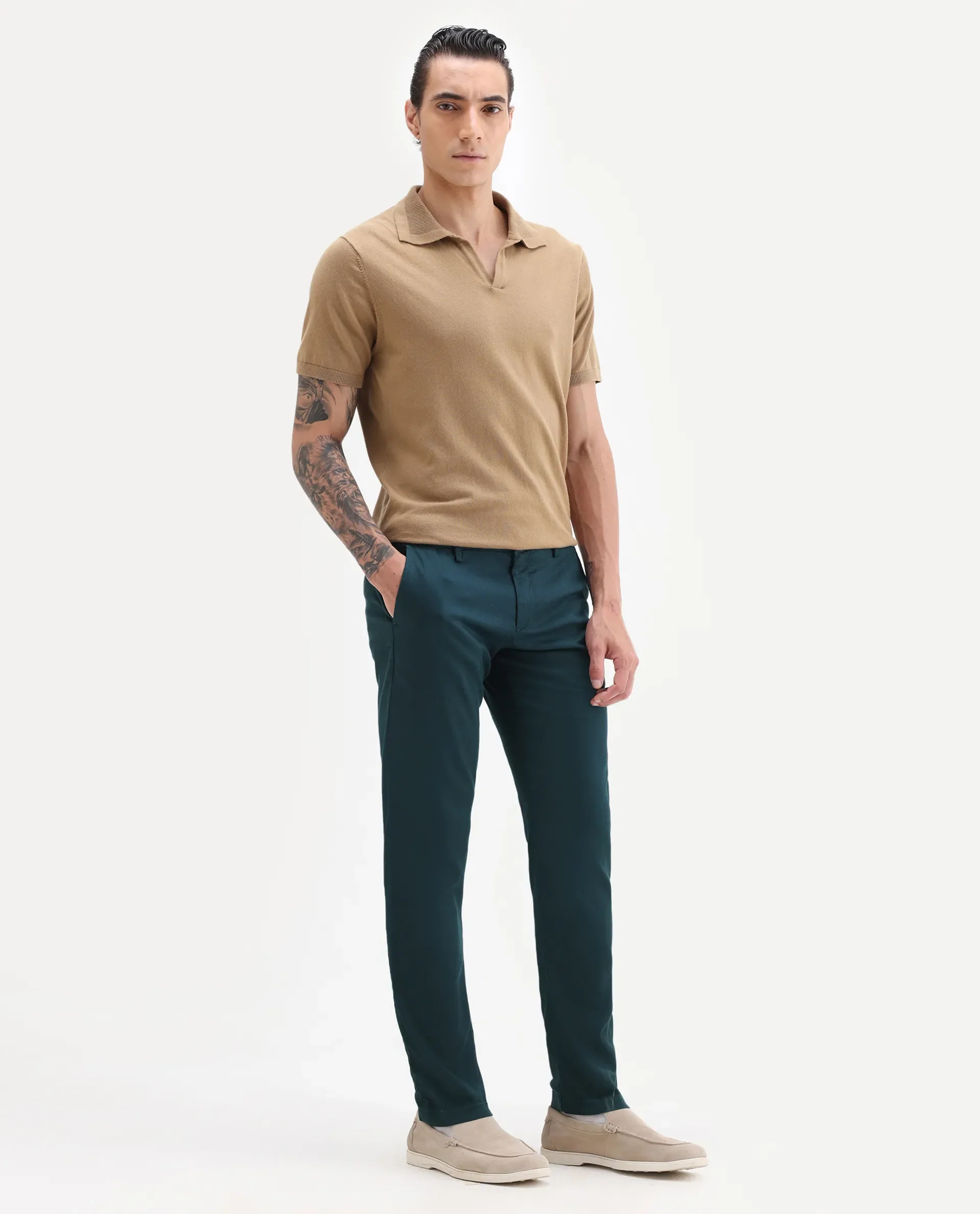 Rare Rabbit Men's Cellular Petrol Cotton Plain Regular Fit Trouser - Image 7