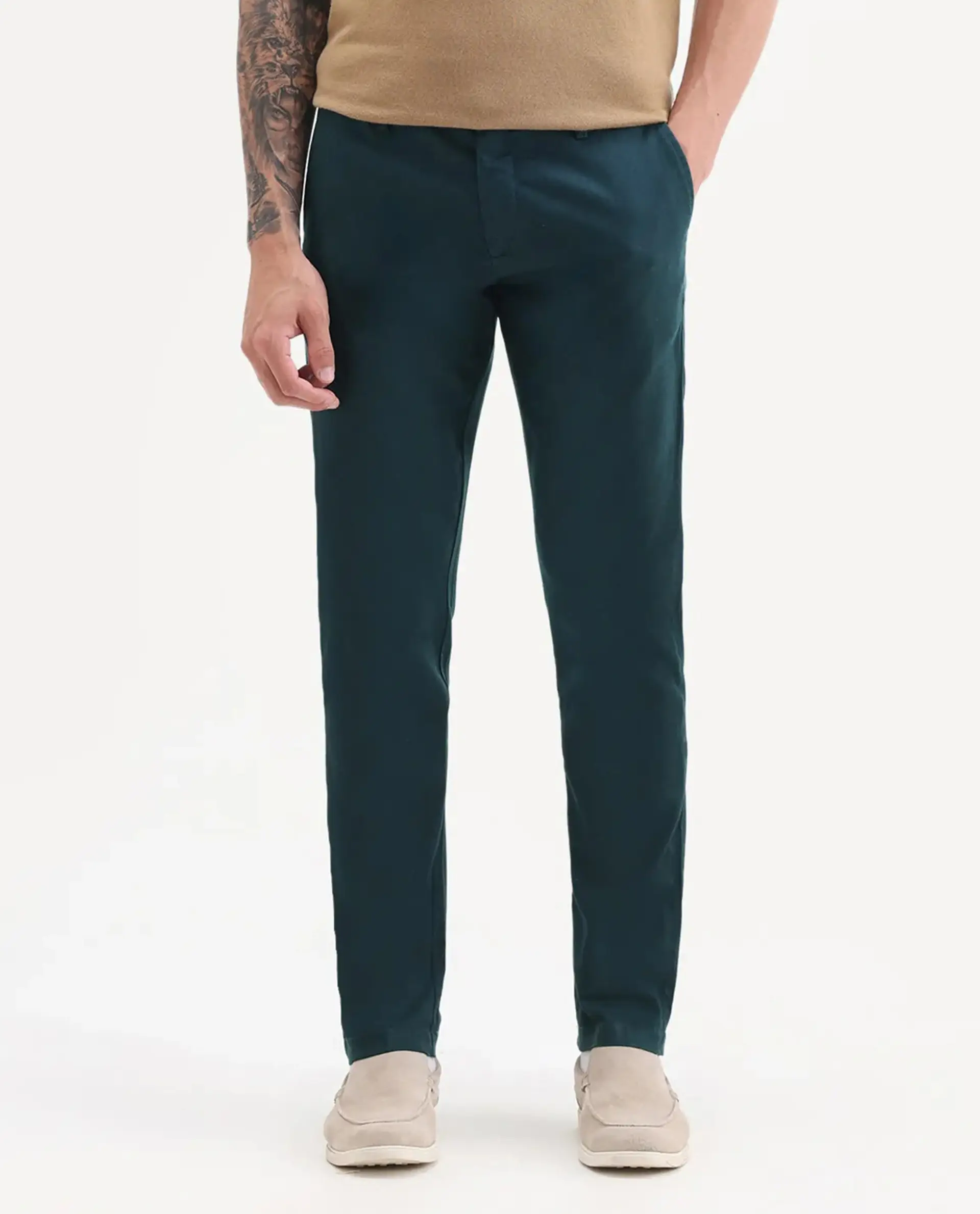 Rare Rabbit Men's Cellular Petrol Cotton Plain Regular Fit Trouser - Image 9