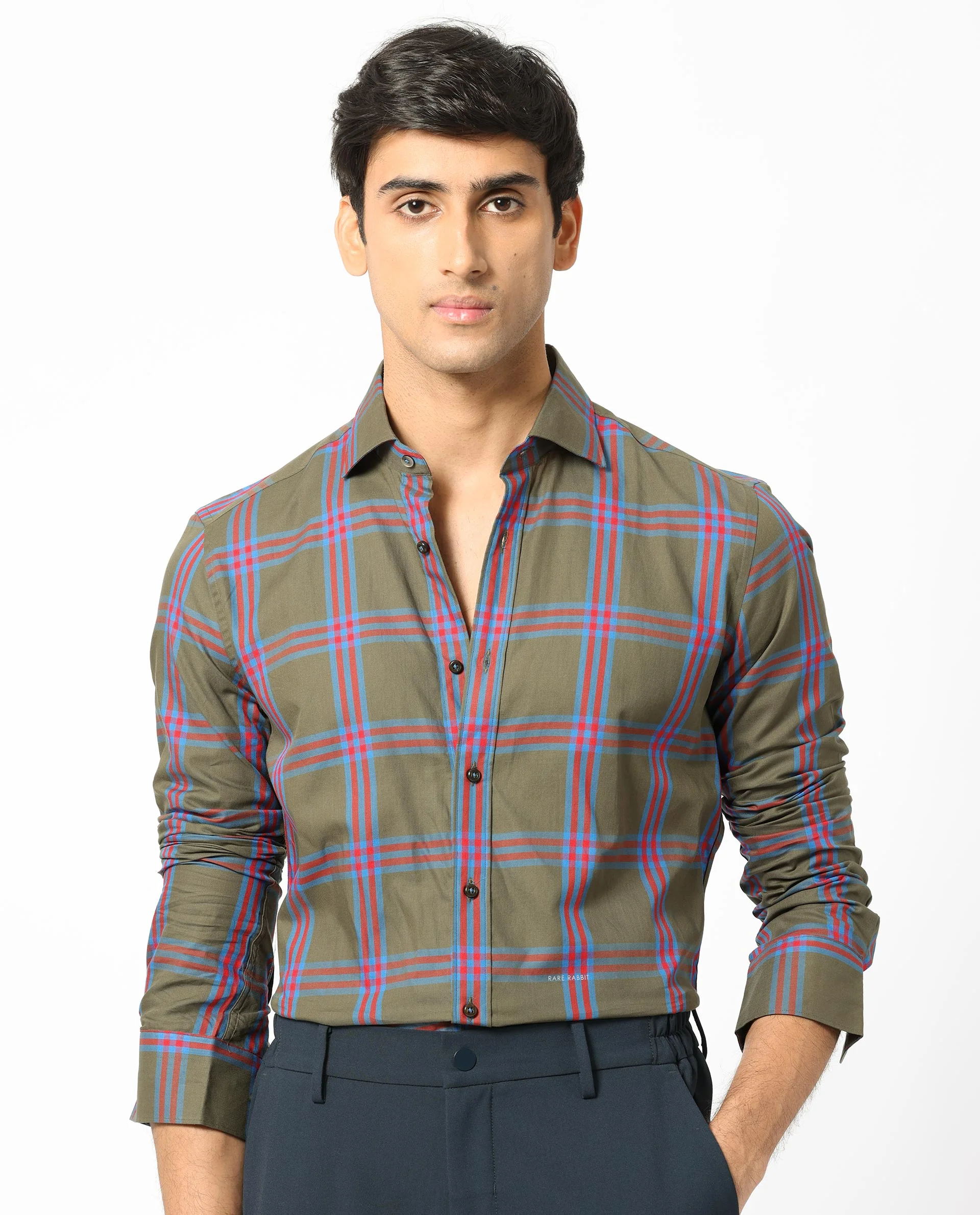 Rare Rabbit Men's Cellul Olive Cotton Checked Print Regular Fit Full Sleeve Collared Shirt