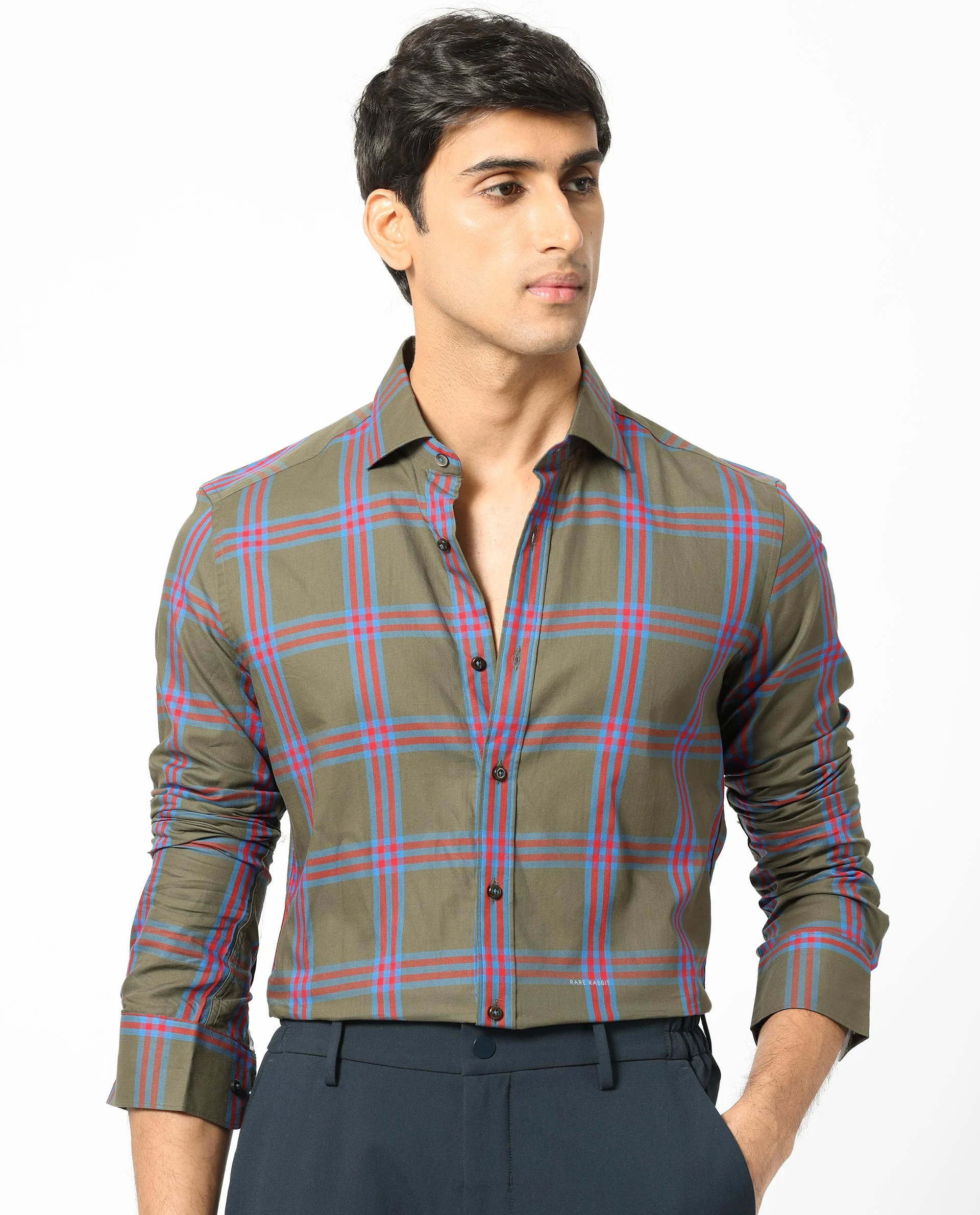 Rare Rabbit Men's Cellul Olive Cotton Checked Print Regular Fit Full Sleeve Collared Shirt - Image 3