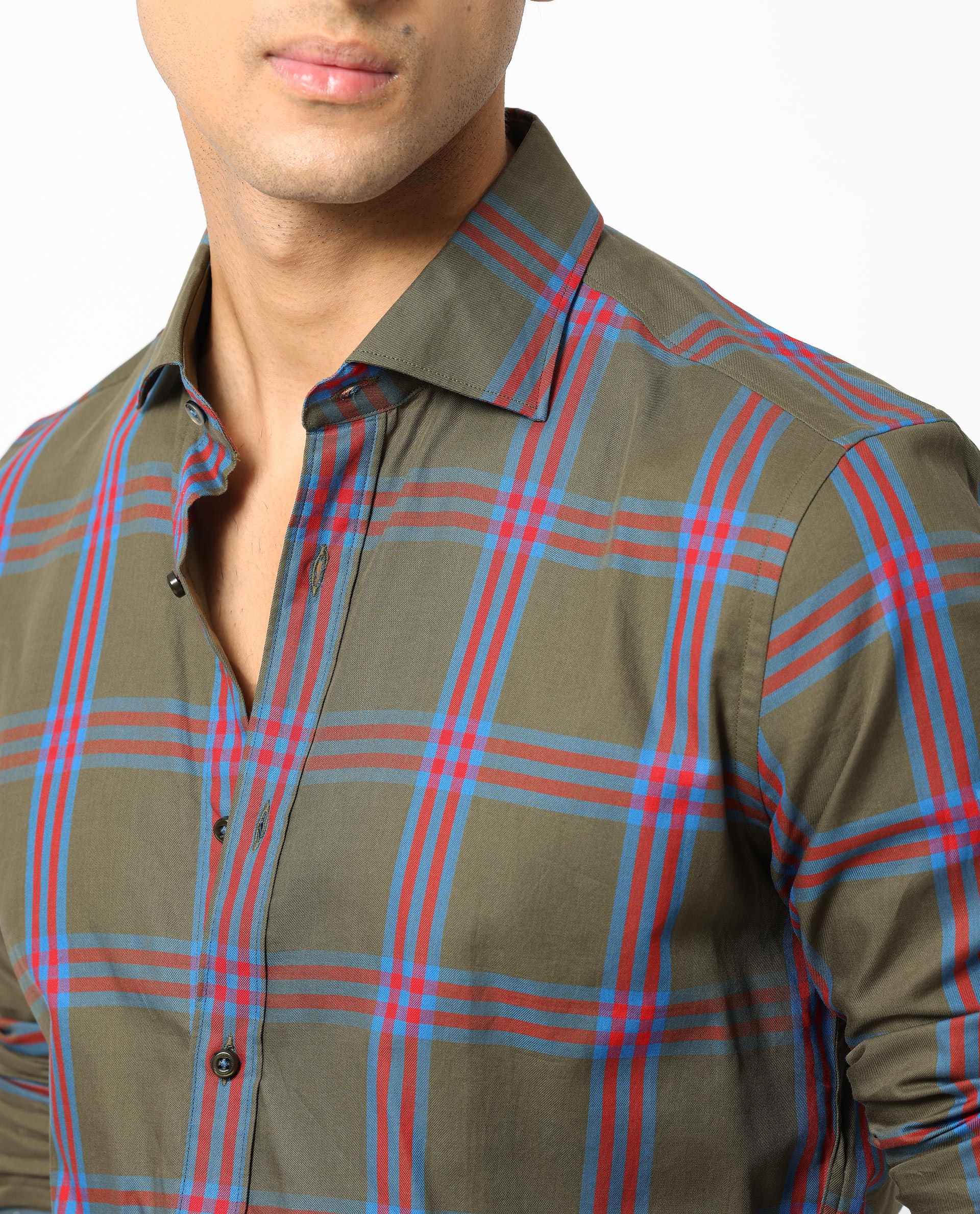 Rare Rabbit Men's Cellul Olive Cotton Checked Print Regular Fit Full Sleeve Collared Shirt - Image 4