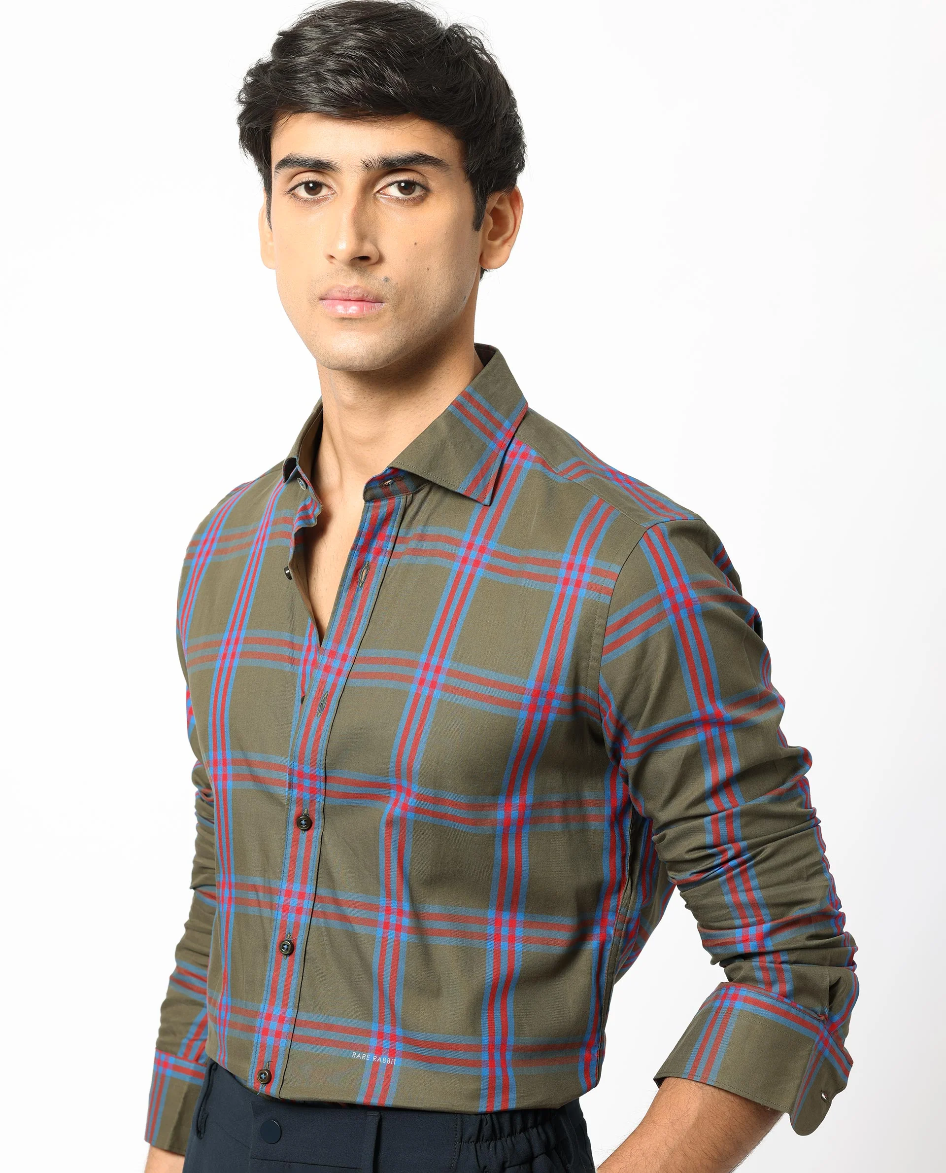 Rare Rabbit Men's Cellul Olive Cotton Checked Print Regular Fit Full Sleeve Collared Shirt - Image 6