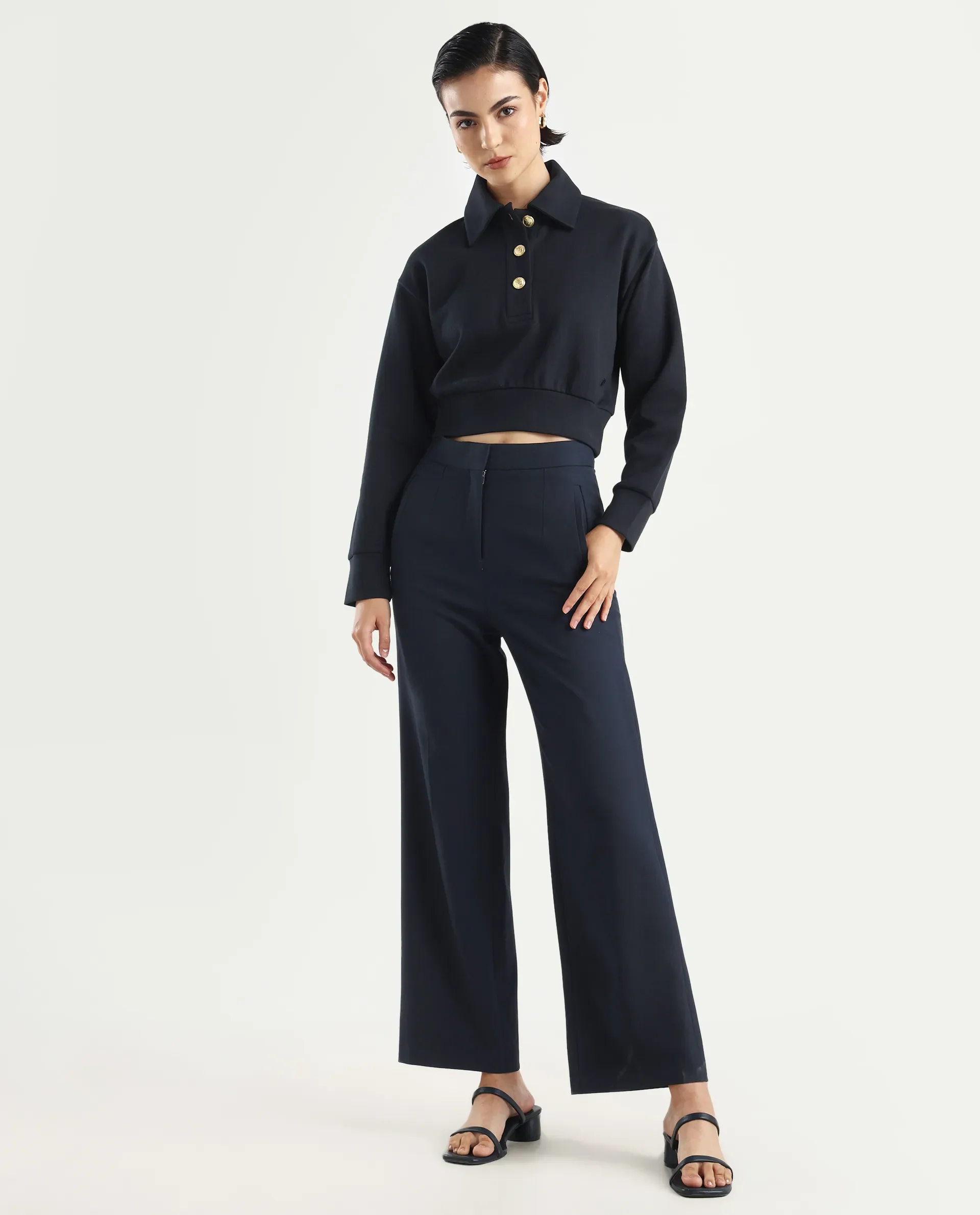 Rareism Women's Celtik Black Cotton Blend Drop Collar Plain Crop Relaxed Fit Sweatshirt - Image 2