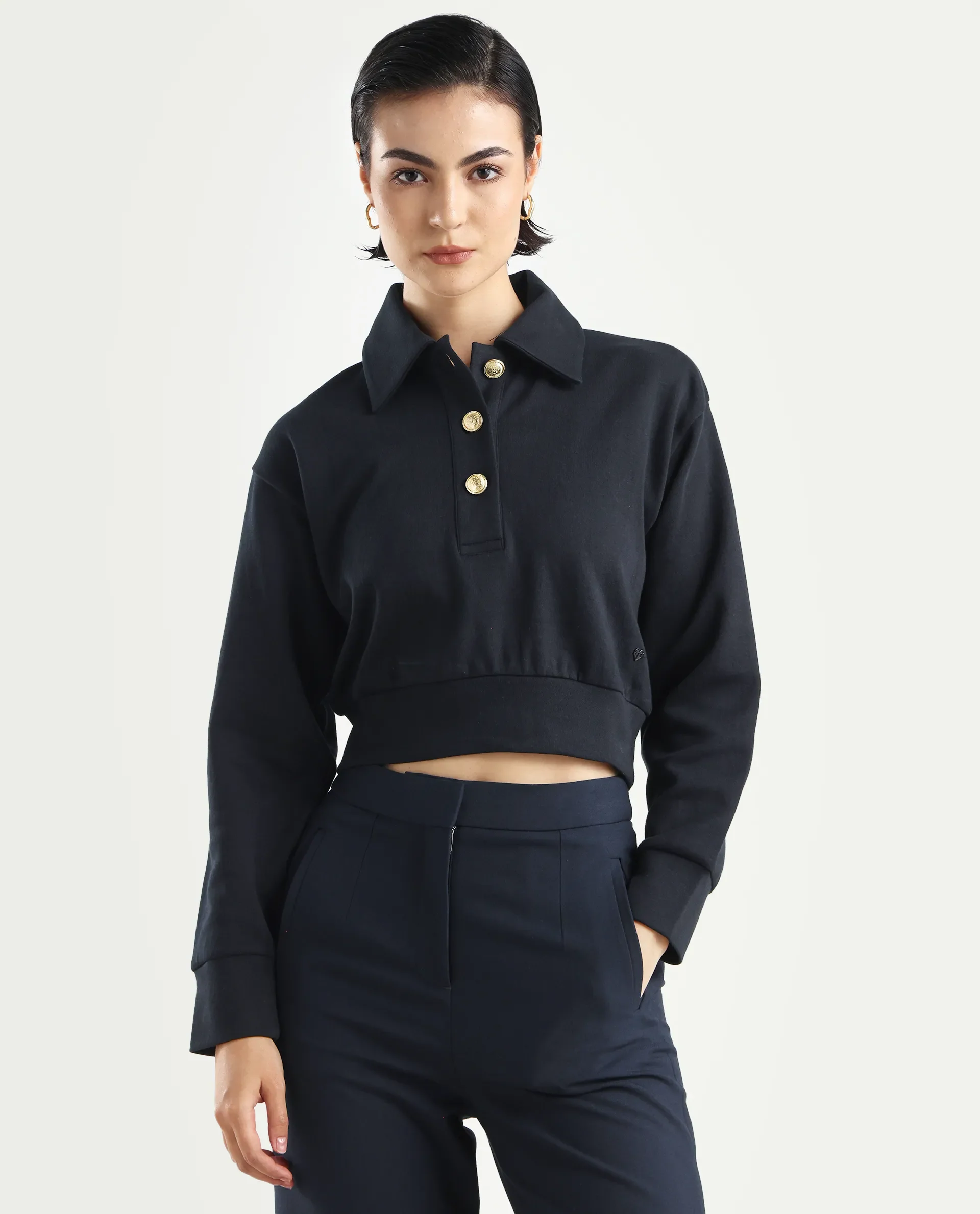 Rareism Women's Celtik Black Cotton Blend Drop Collar Plain Crop Relaxed Fit Sweatshirt - Image 3