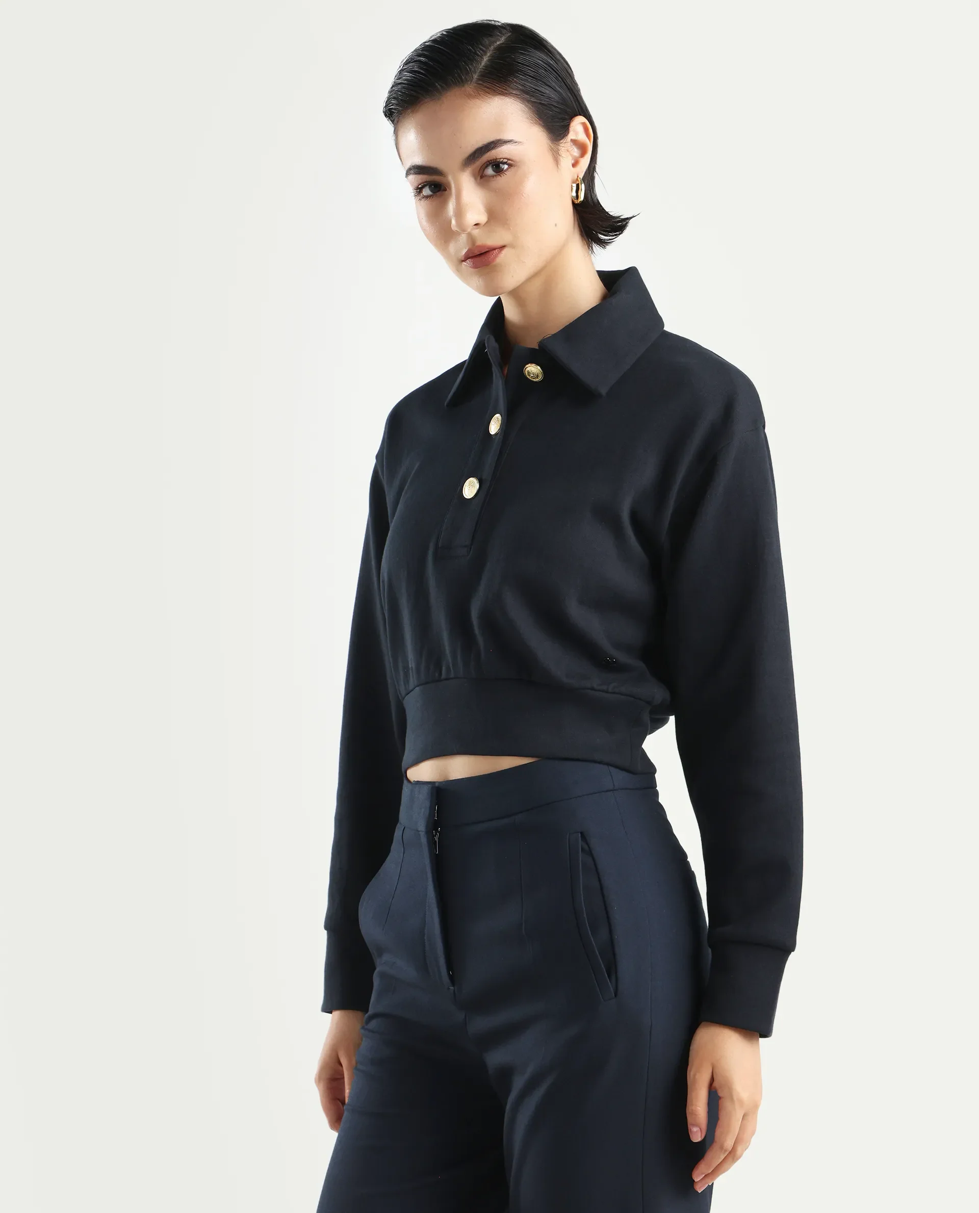Rareism Women's Celtik Black Cotton Blend Drop Collar Plain Crop Relaxed Fit Sweatshirt - Image 5
