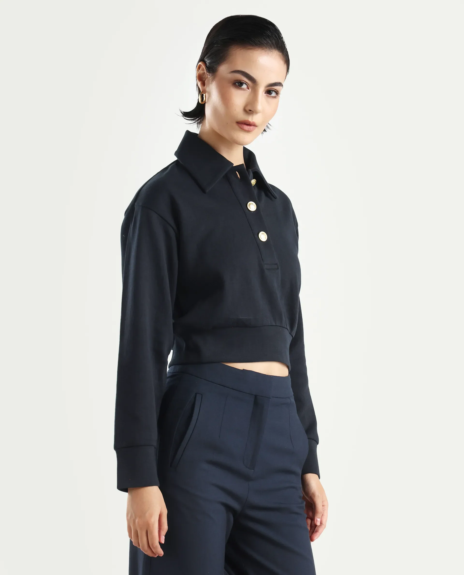 Rareism Women's Celtik Black Cotton Blend Drop Collar Plain Crop Relaxed Fit Sweatshirt - Image 6