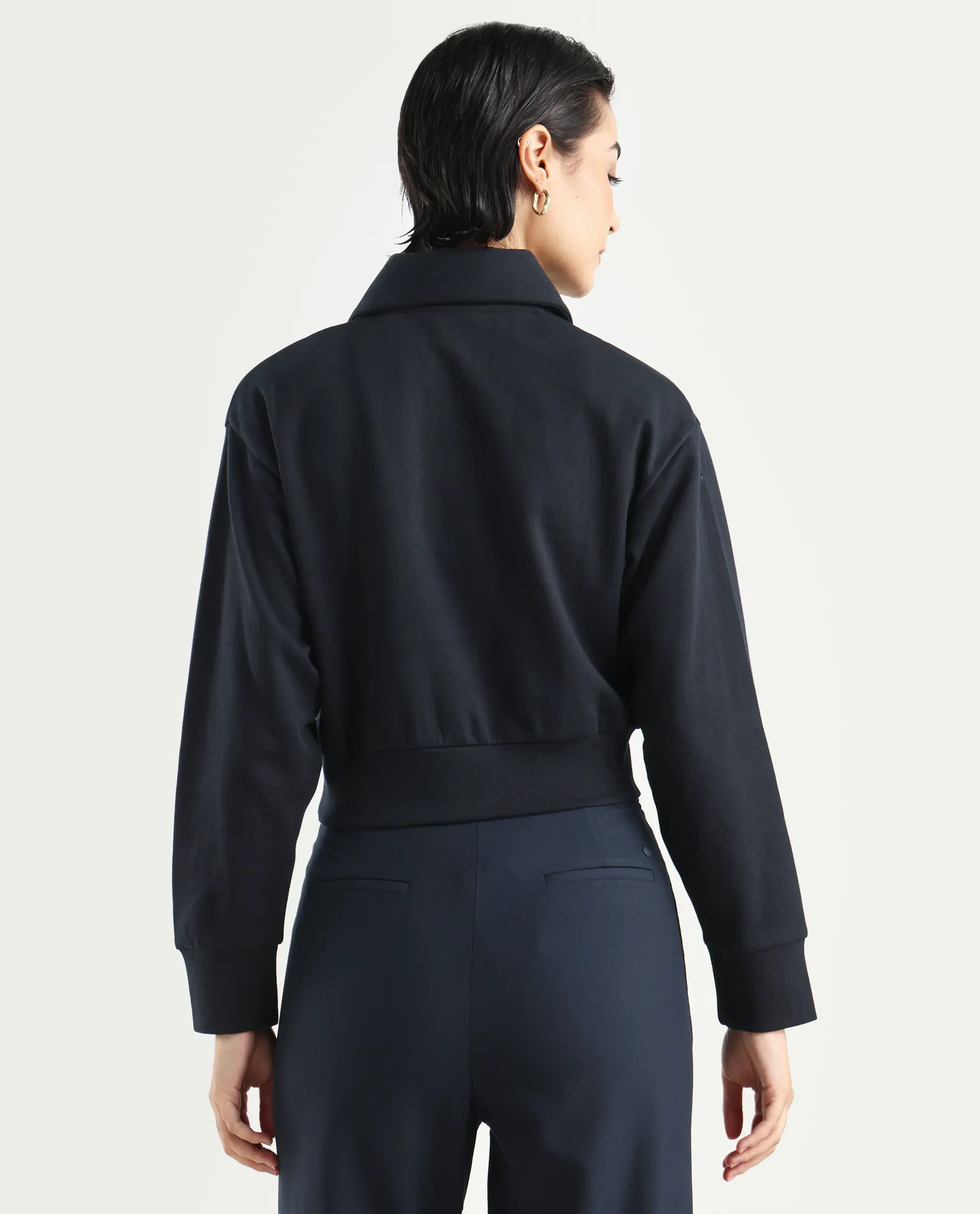 Rareism Women's Celtik Black Cotton Blend Drop Collar Plain Crop Relaxed Fit Sweatshirt - Image 7