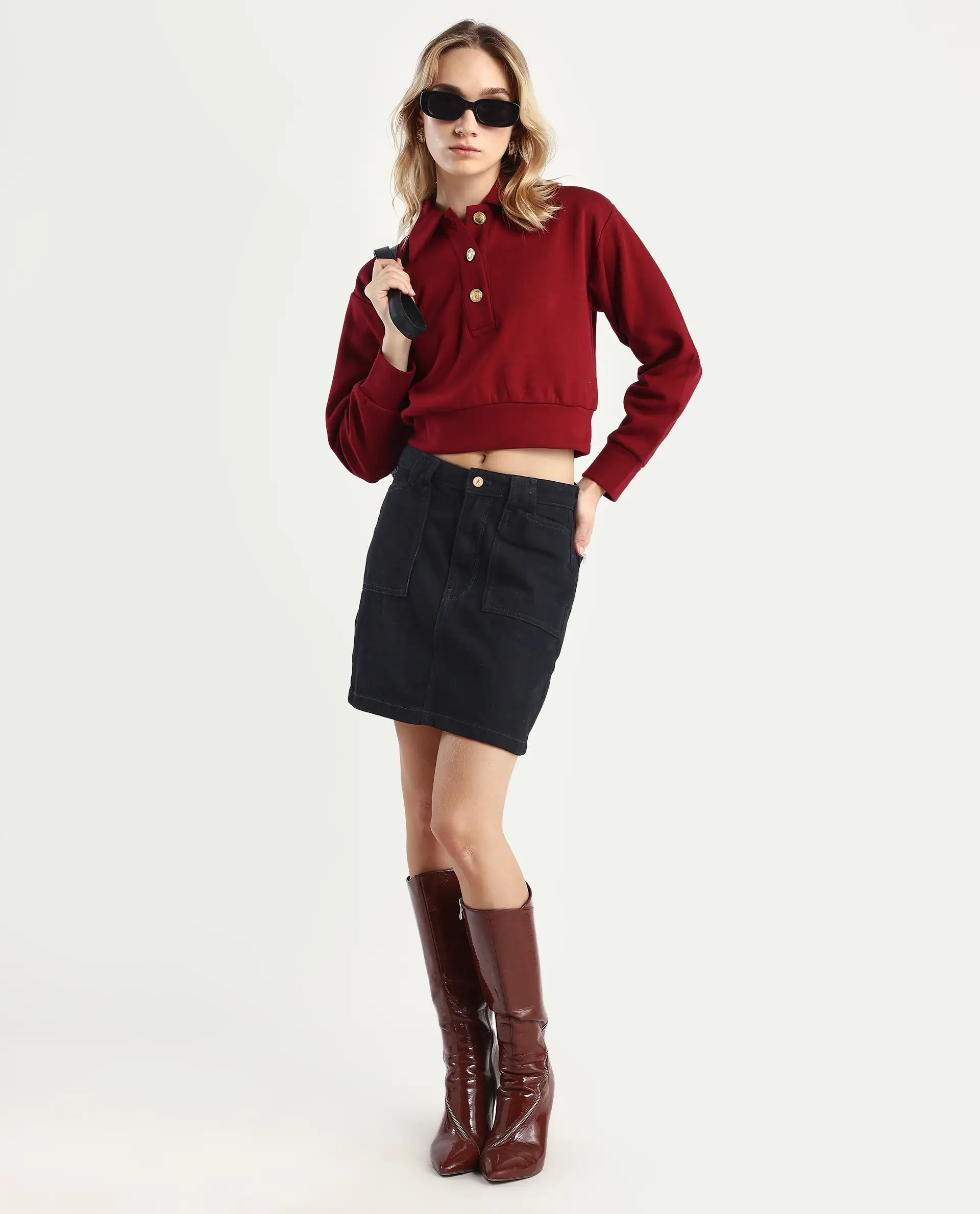 Rareism Women's Celtik Maroon Cotton Blend Drop Collar Plain Crop Relaxed Fit Sweatshirt - Image 2