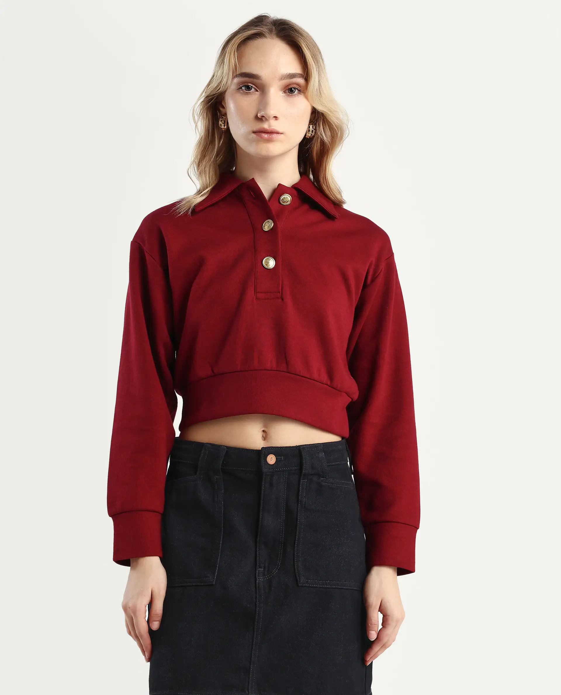 Rareism Women's Celtik Maroon Cotton Blend Drop Collar Plain Crop Relaxed Fit Sweatshirt - Image 3