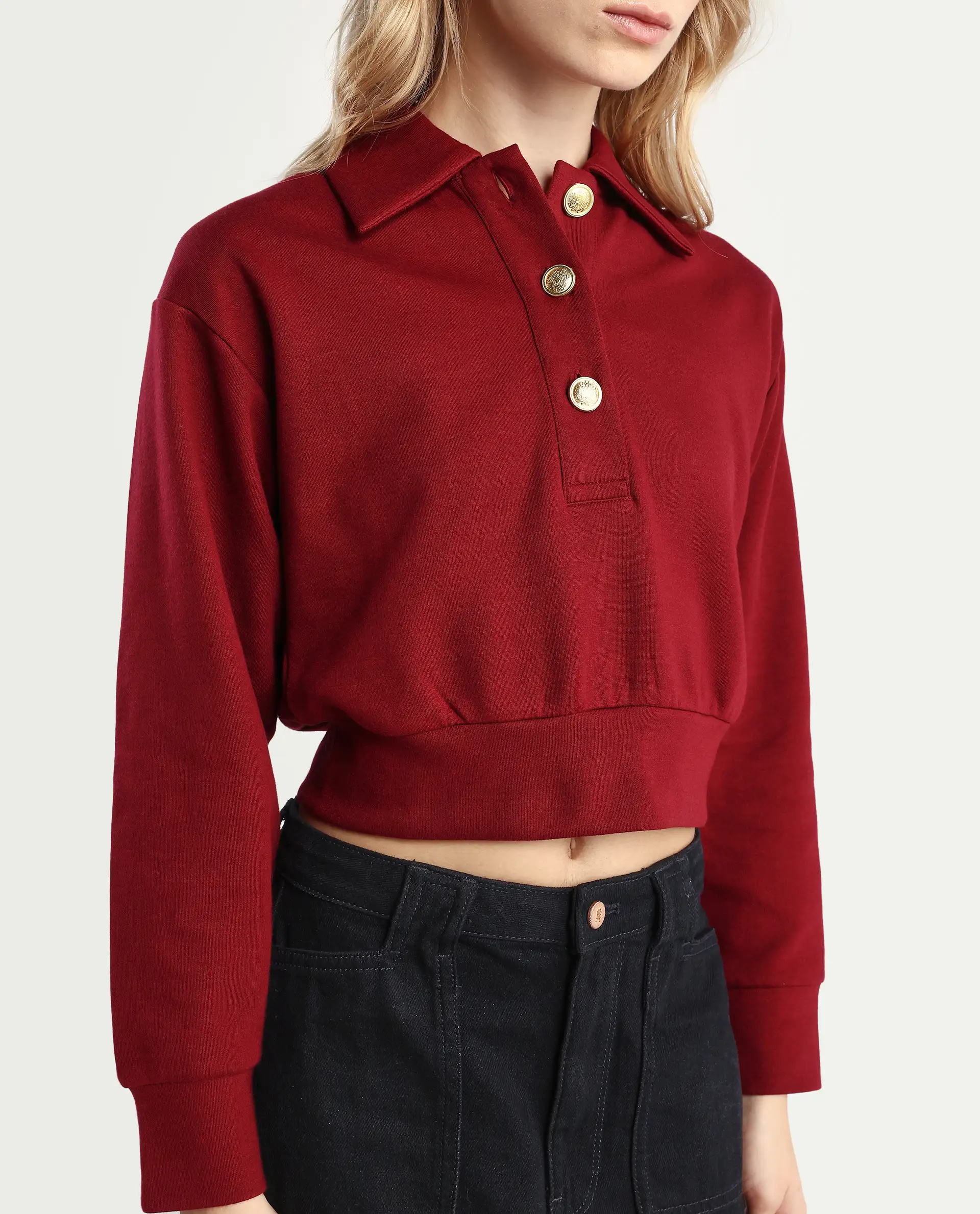 Rareism Women's Celtik Maroon Cotton Blend Drop Collar Plain Crop Relaxed Fit Sweatshirt - Image 4