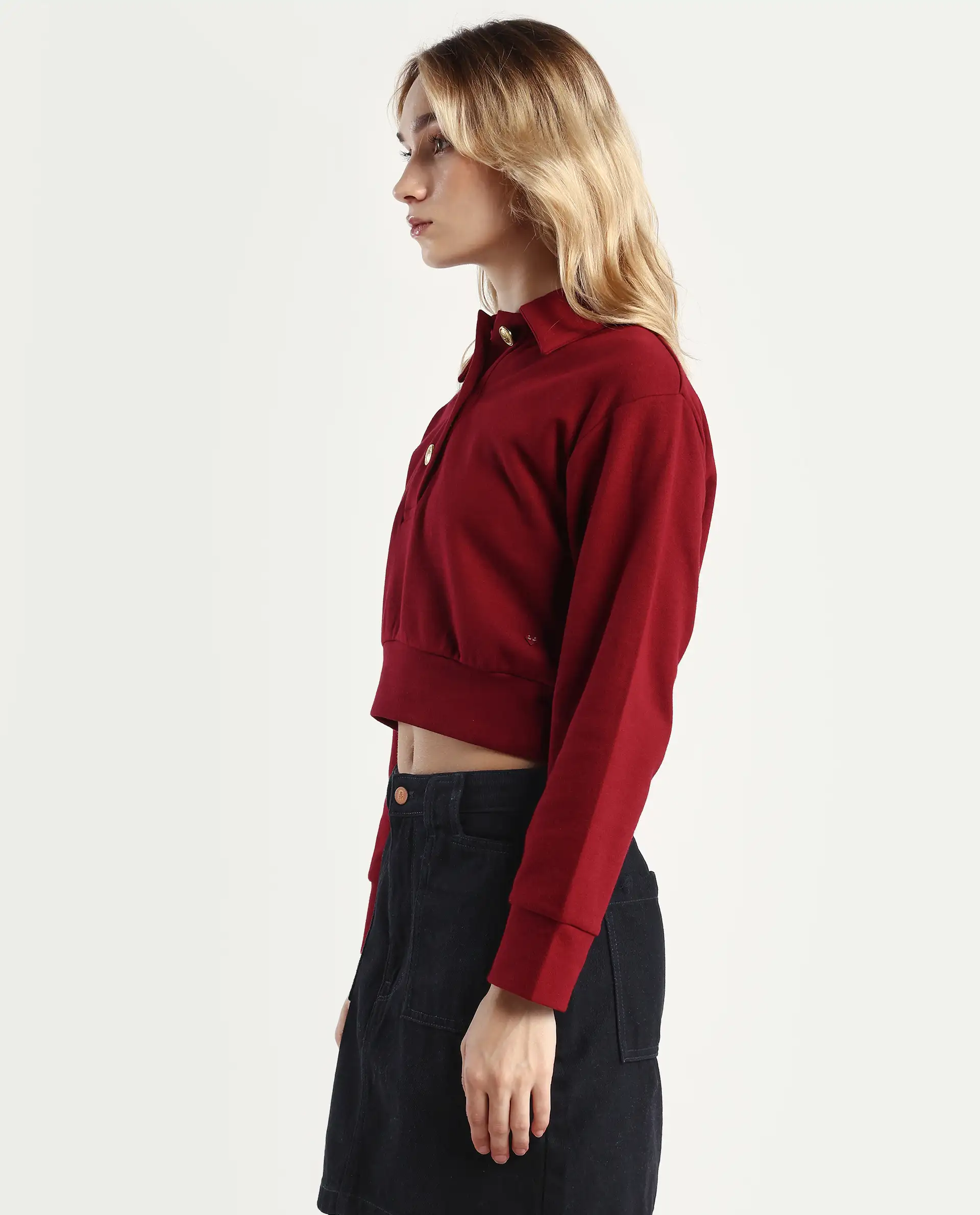 Rareism Women's Celtik Maroon Cotton Blend Drop Collar Plain Crop Relaxed Fit Sweatshirt - Image 5