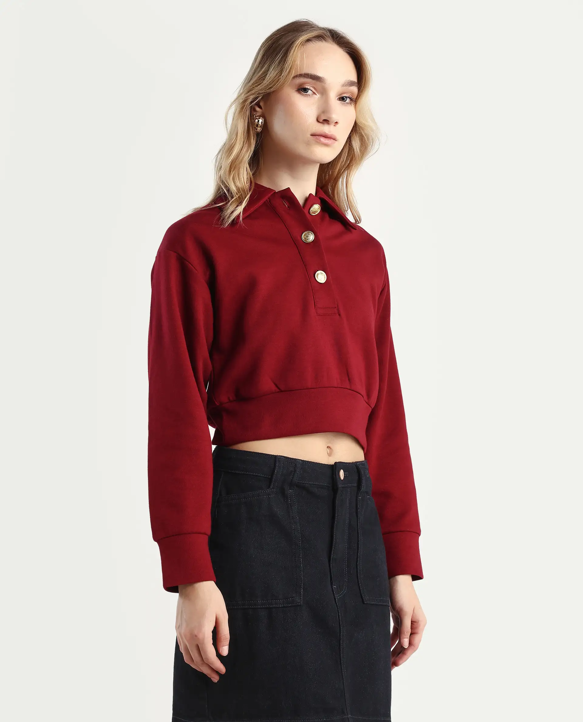 Rareism Women's Celtik Maroon Cotton Blend Drop Collar Plain Crop Relaxed Fit Sweatshirt - Image 6