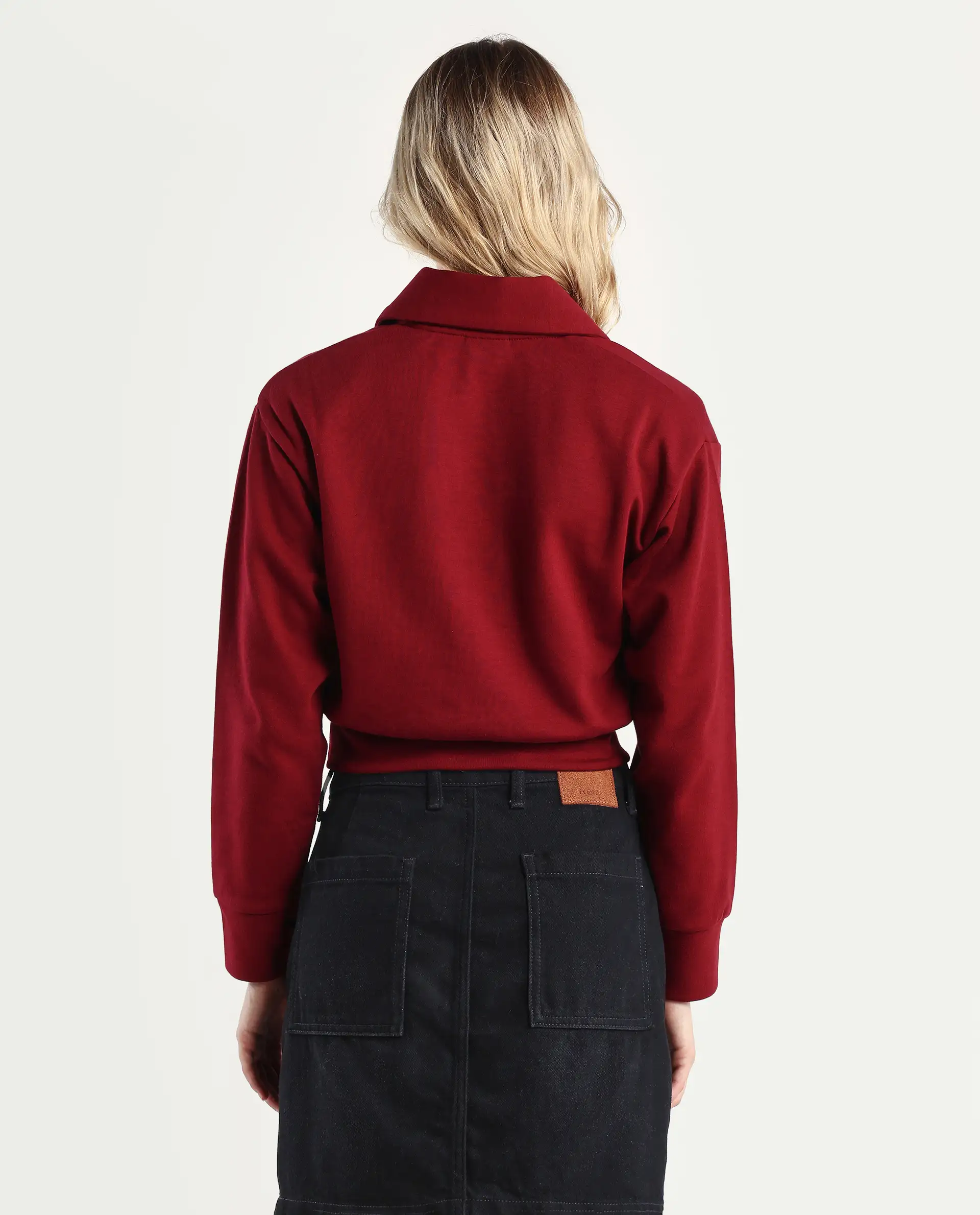 Rareism Women's Celtik Maroon Cotton Blend Drop Collar Plain Crop Relaxed Fit Sweatshirt - Image 7
