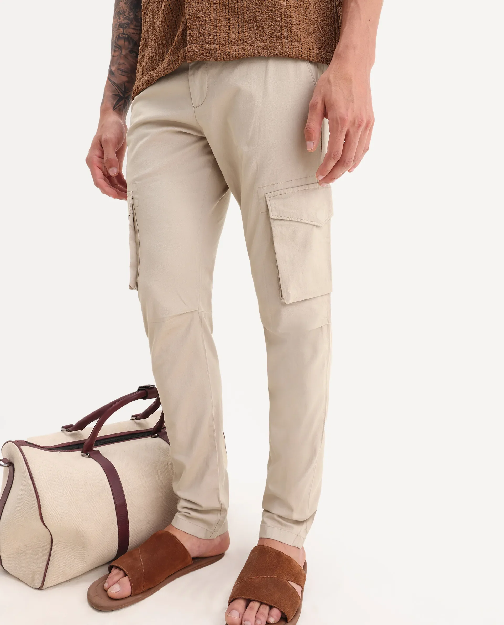 Rare Rabbit Men's Celu Beige Cotton Plain Slim Fit Trouser - Image 2