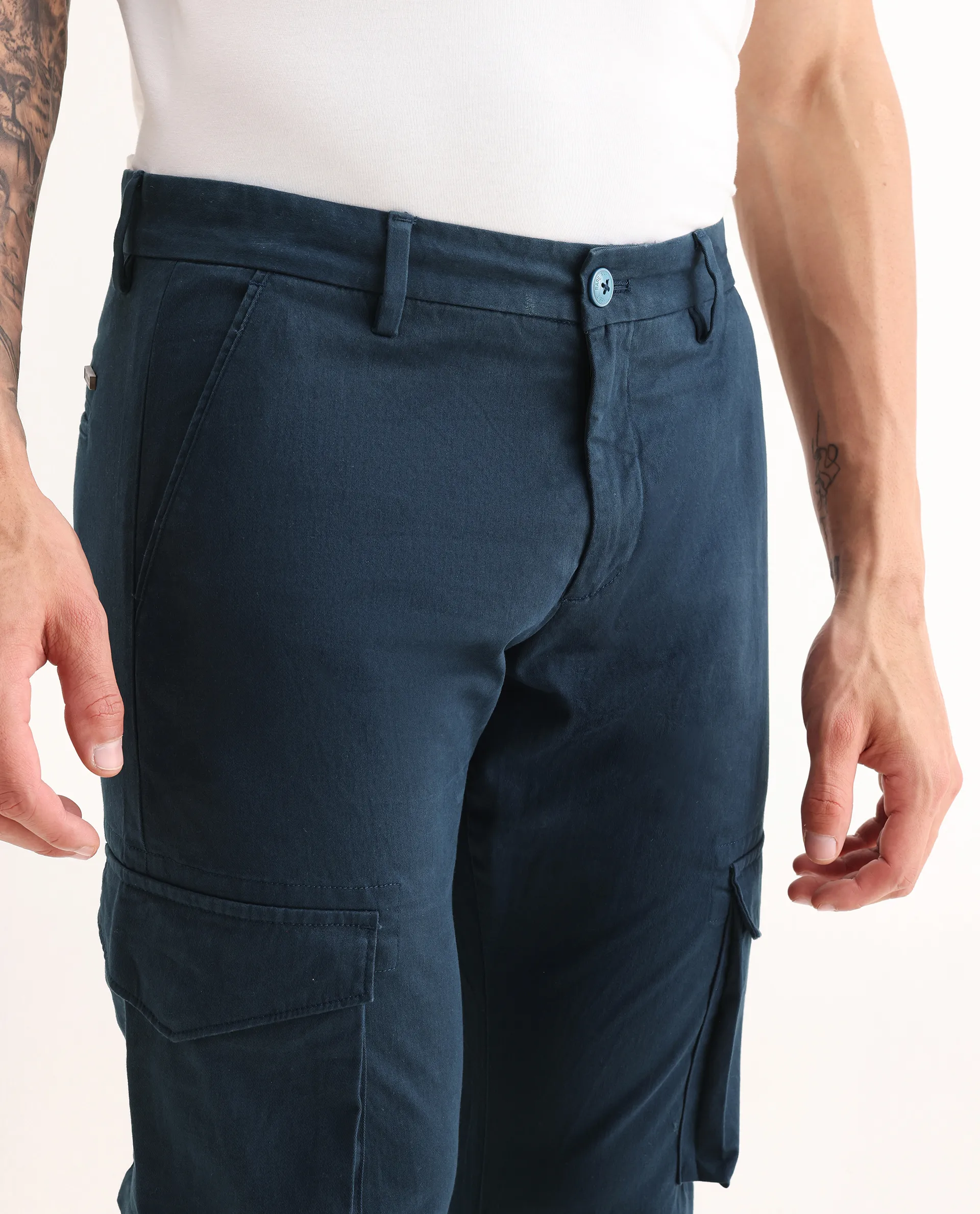 Rare Rabbit Men's Celu Navy Cotton Plain Slim Fit Trouser - Image 5