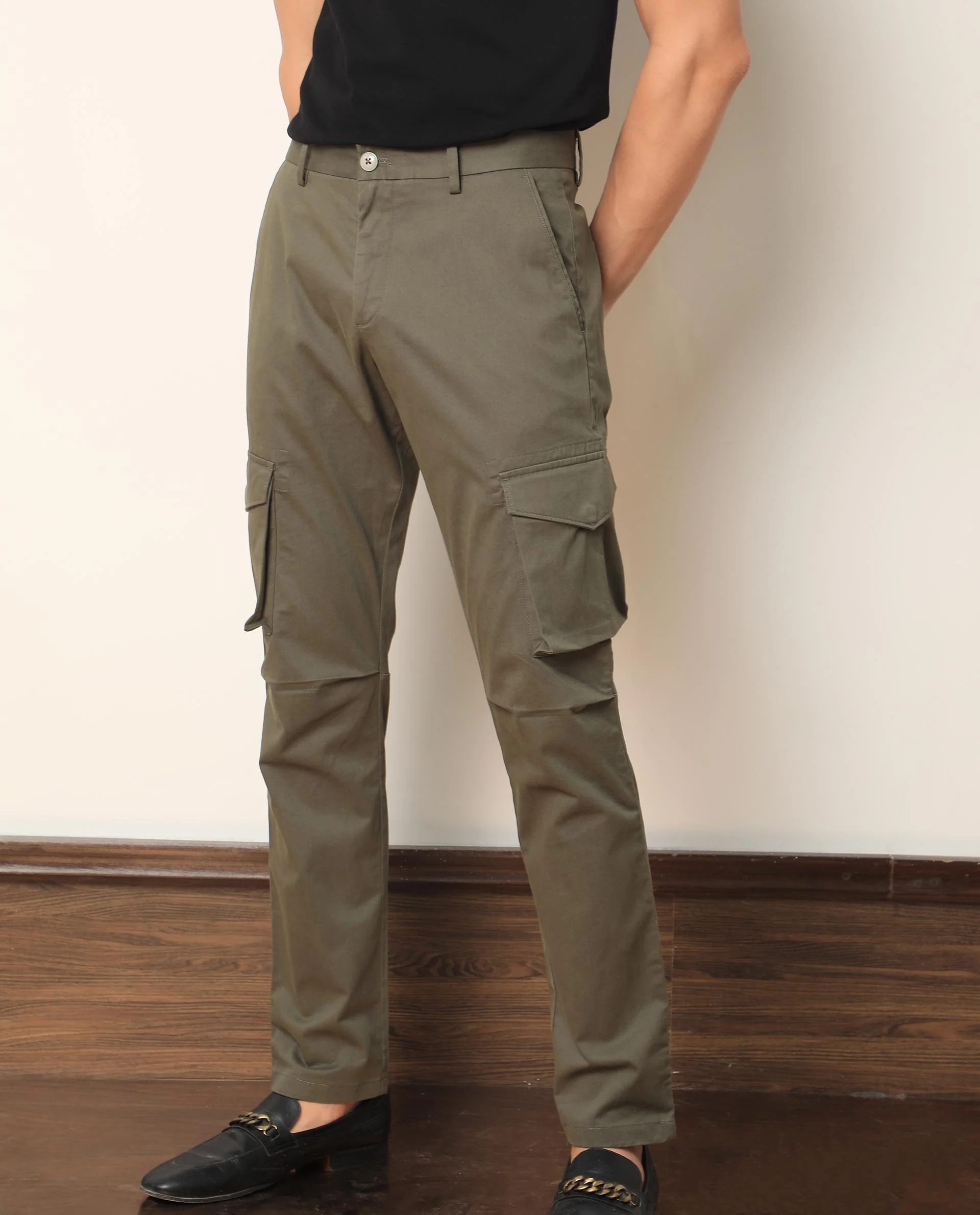 Rare Rabbit Men's Celu Olive Cotton Plain Slim Fit Trouser