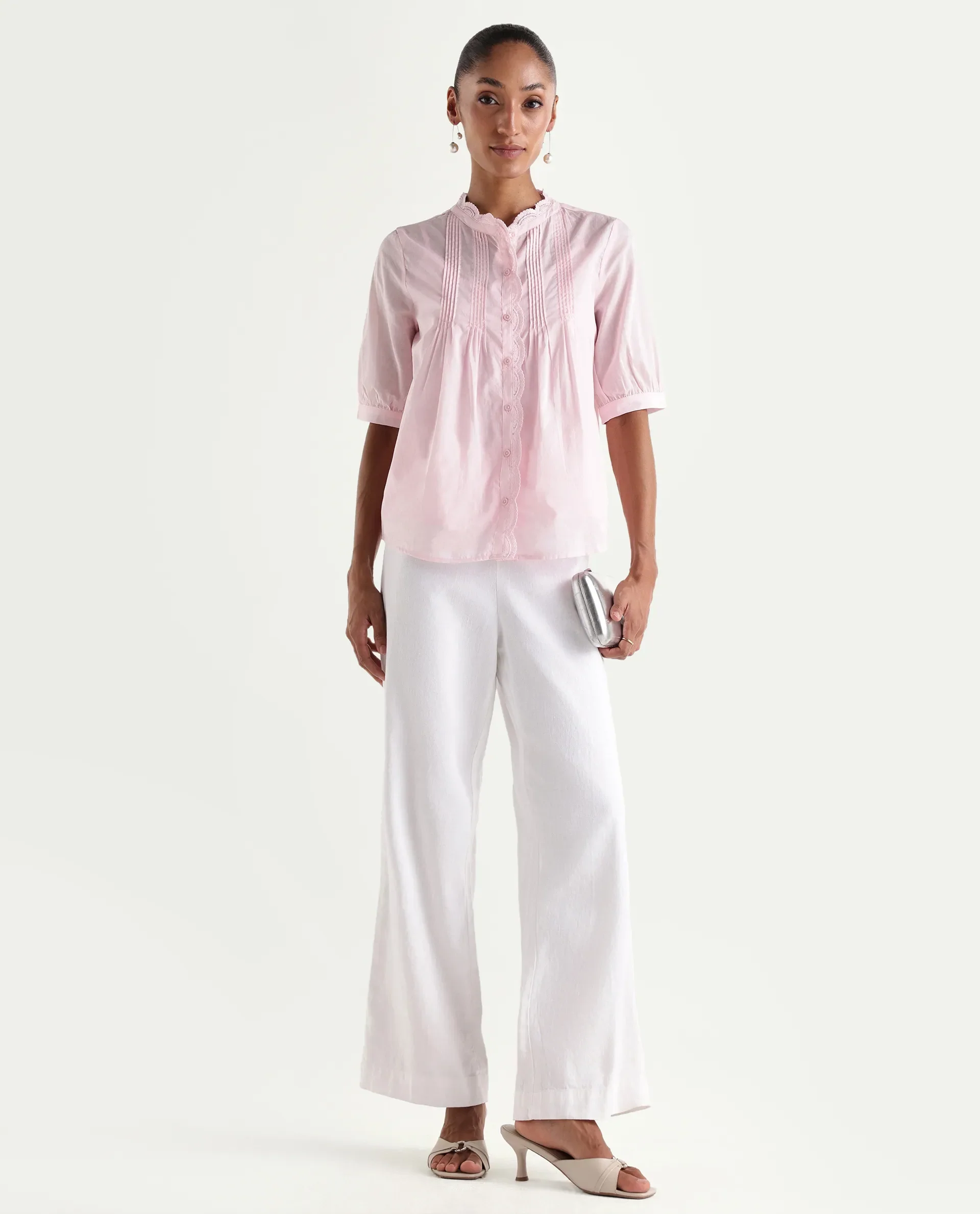 Rareism Women's Ceni Light Pink Cotton Half Sleeve Regular Fit Plain Top - Image 2