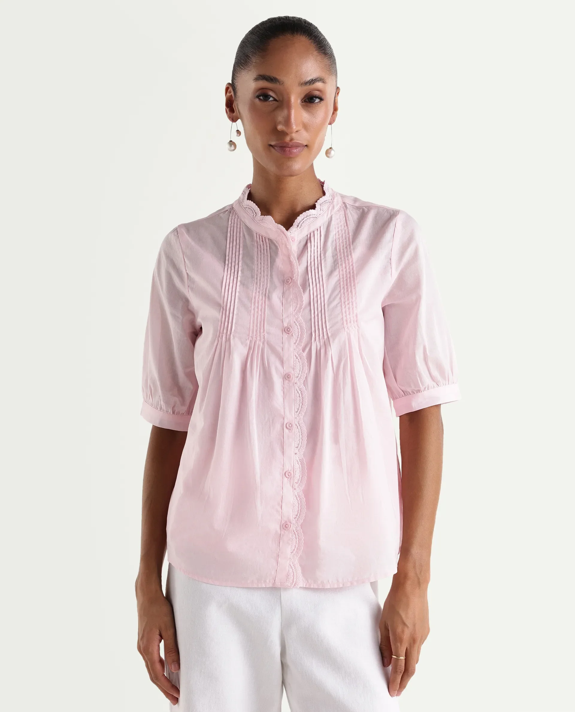 Rareism Women's Ceni Light Pink Cotton Half Sleeve Regular Fit Plain Top - Image 4