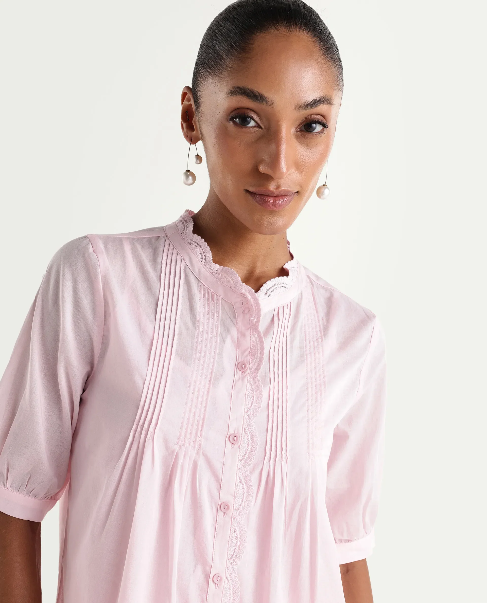 Rareism Women's Ceni Light Pink Cotton Half Sleeve Regular Fit Plain Top - Image 5