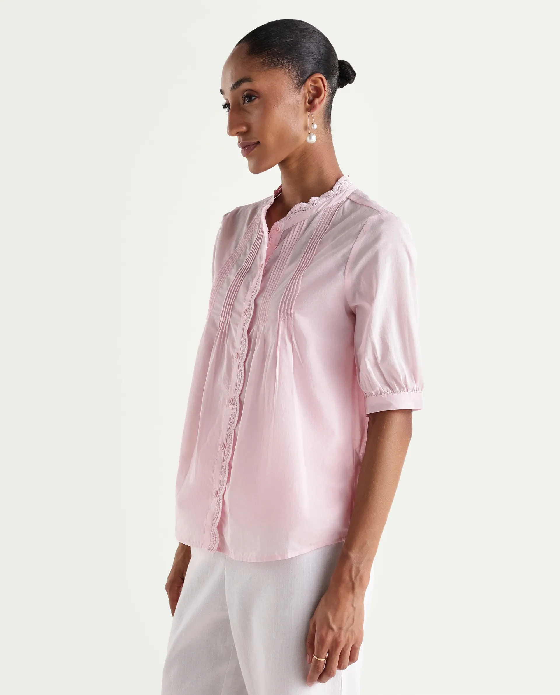 Rareism Women's Ceni Light Pink Cotton Half Sleeve Regular Fit Plain Top - Image 6