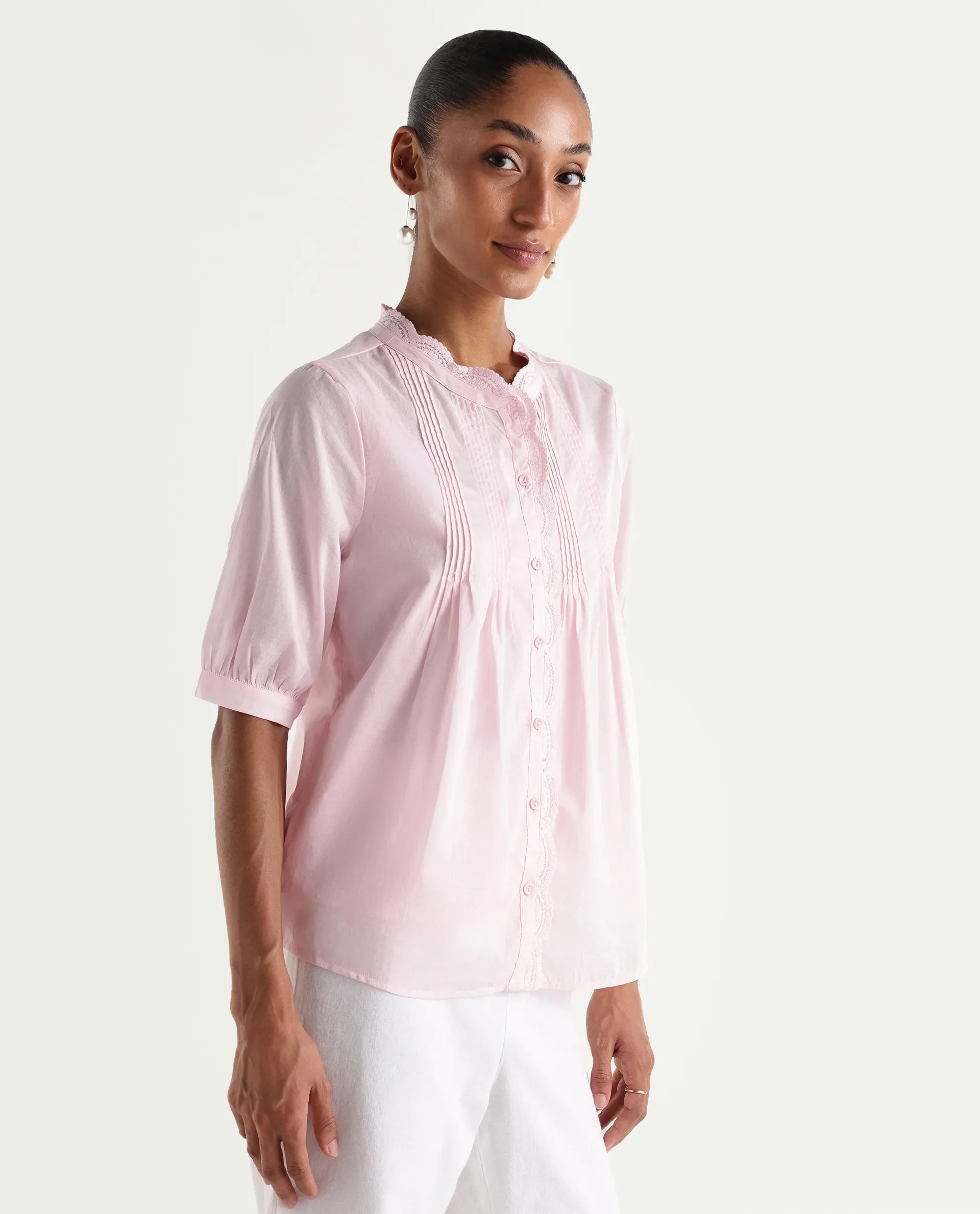 Rareism Women's Ceni Light Pink Cotton Half Sleeve Regular Fit Plain Top - Image 7