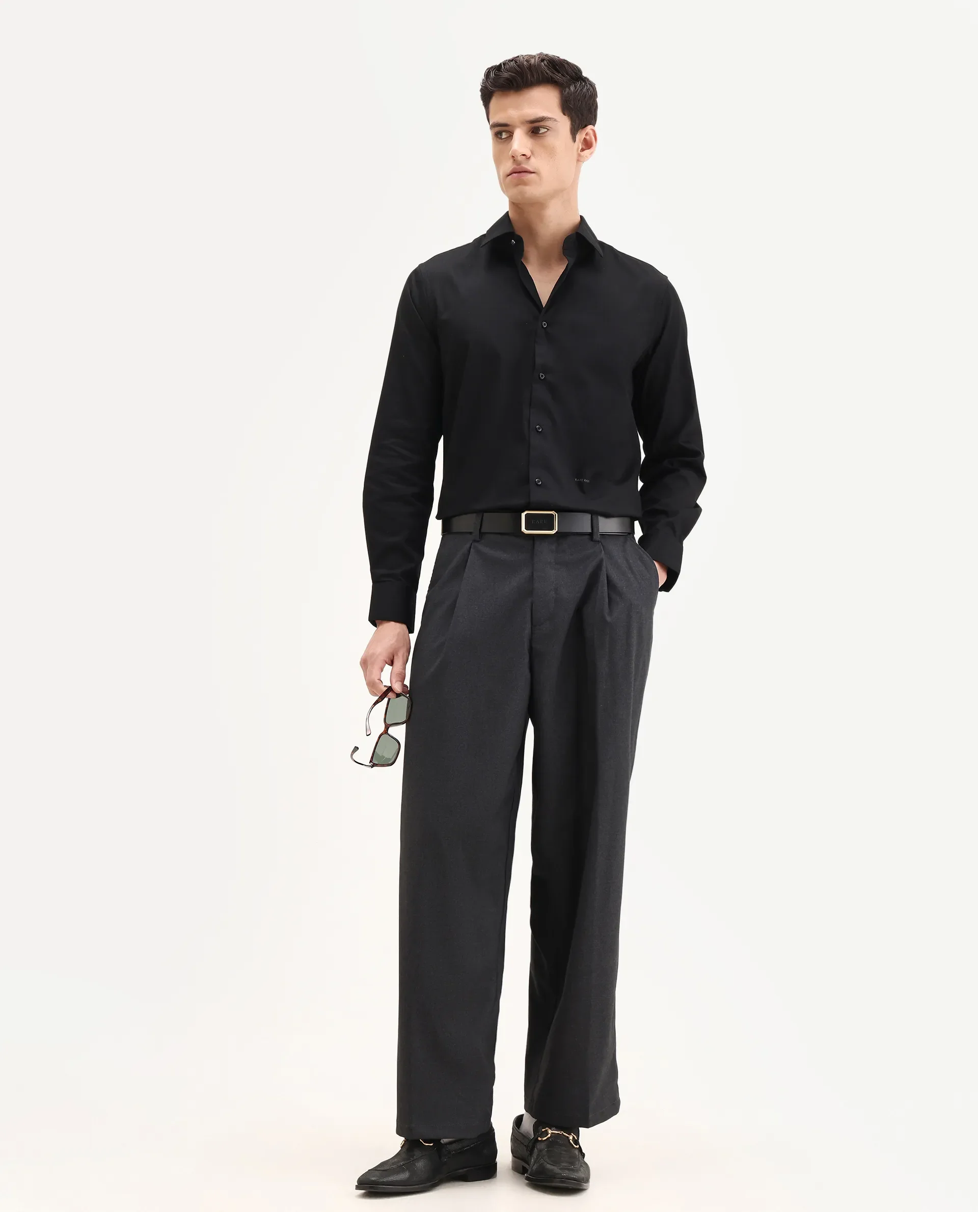 Rare Rabbit Men's Centi-25 Black Cotton Fabric Spread Collar Regular Fit Plain Shirt - Image 2