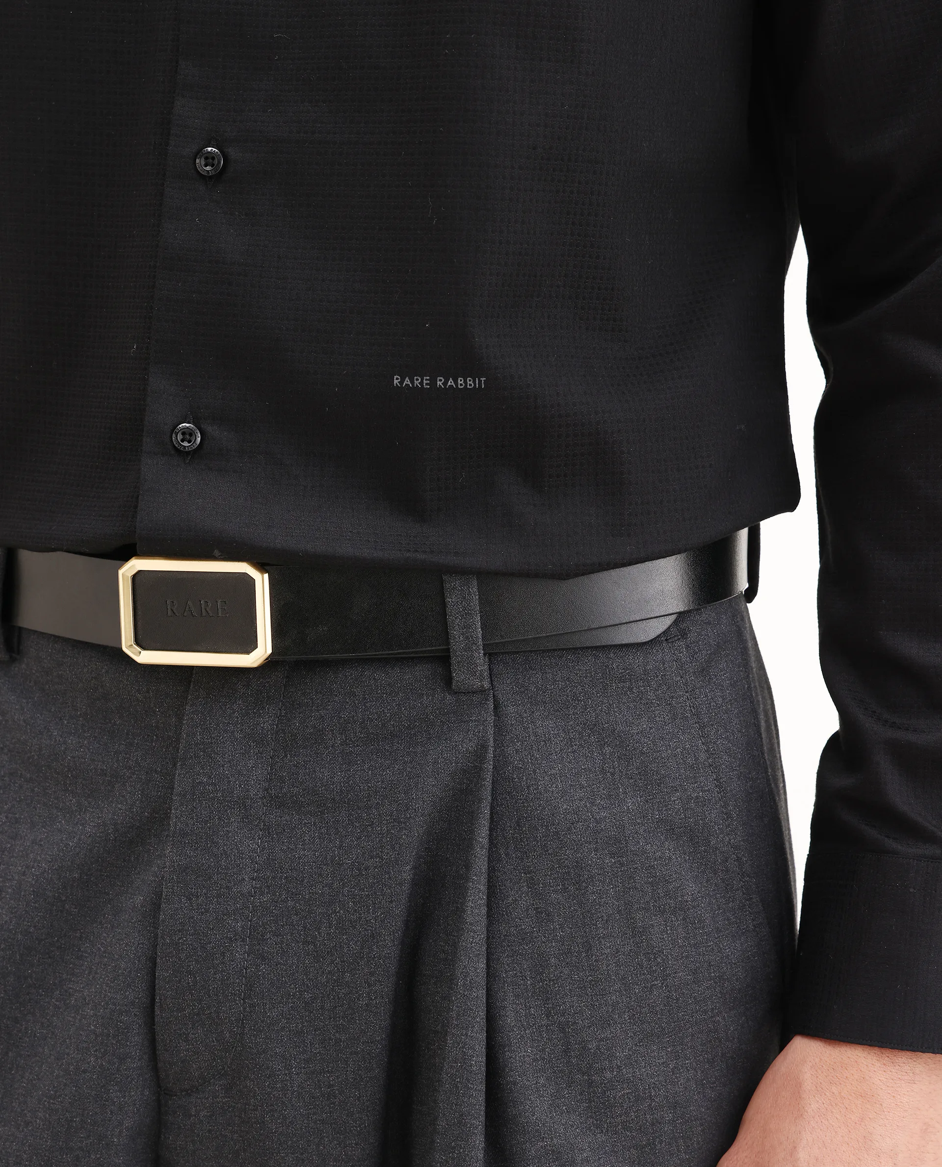 Rare Rabbit Men's Centi-25 Black Cotton Fabric Spread Collar Regular Fit Plain Shirt - Image 3