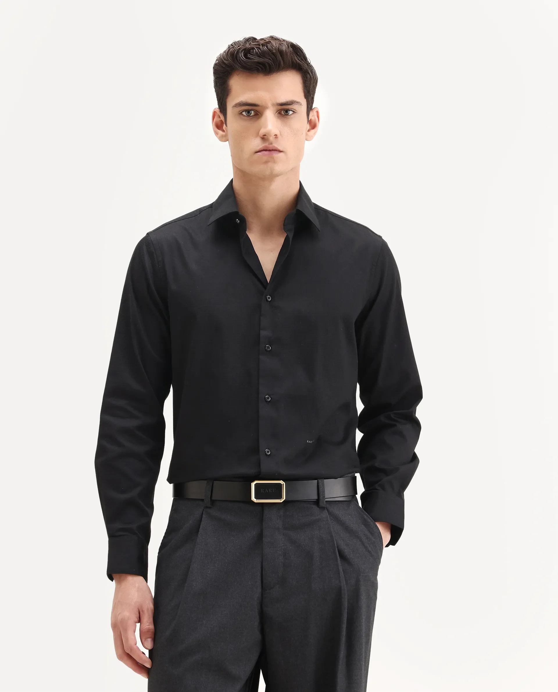Rare Rabbit Men's Centi-25 Black Cotton Fabric Spread Collar Regular Fit Plain Shirt - Image 4