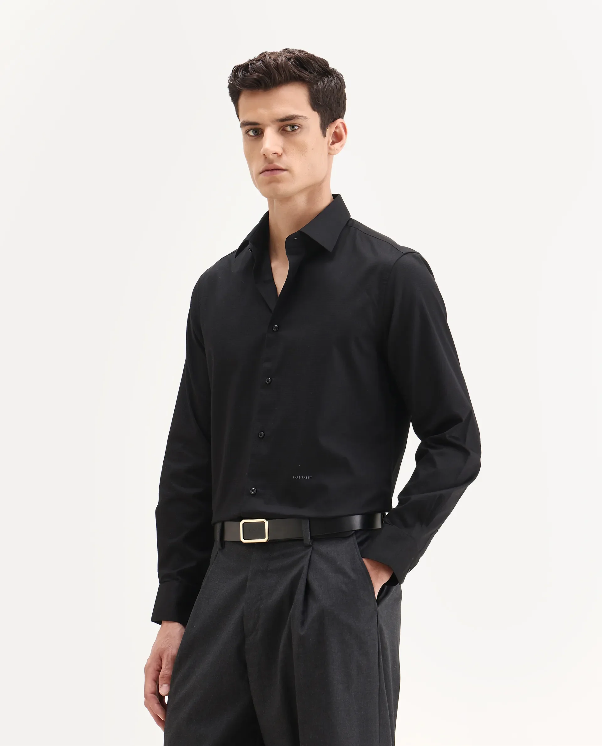 Rare Rabbit Men's Centi-25 Black Cotton Fabric Spread Collar Regular Fit Plain Shirt - Image 5