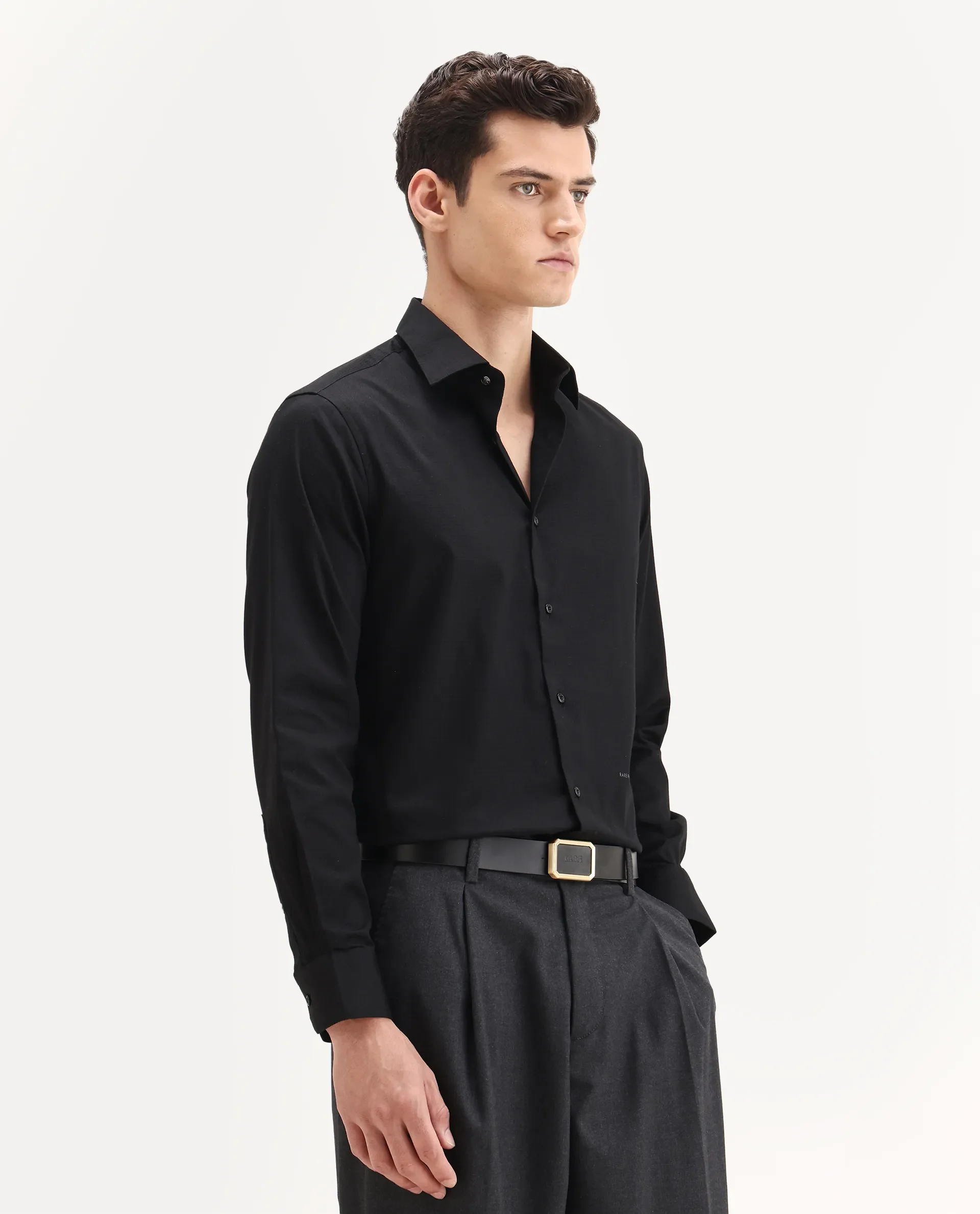 Rare Rabbit Men's Centi-25 Black Cotton Fabric Spread Collar Regular Fit Plain Shirt - Image 6