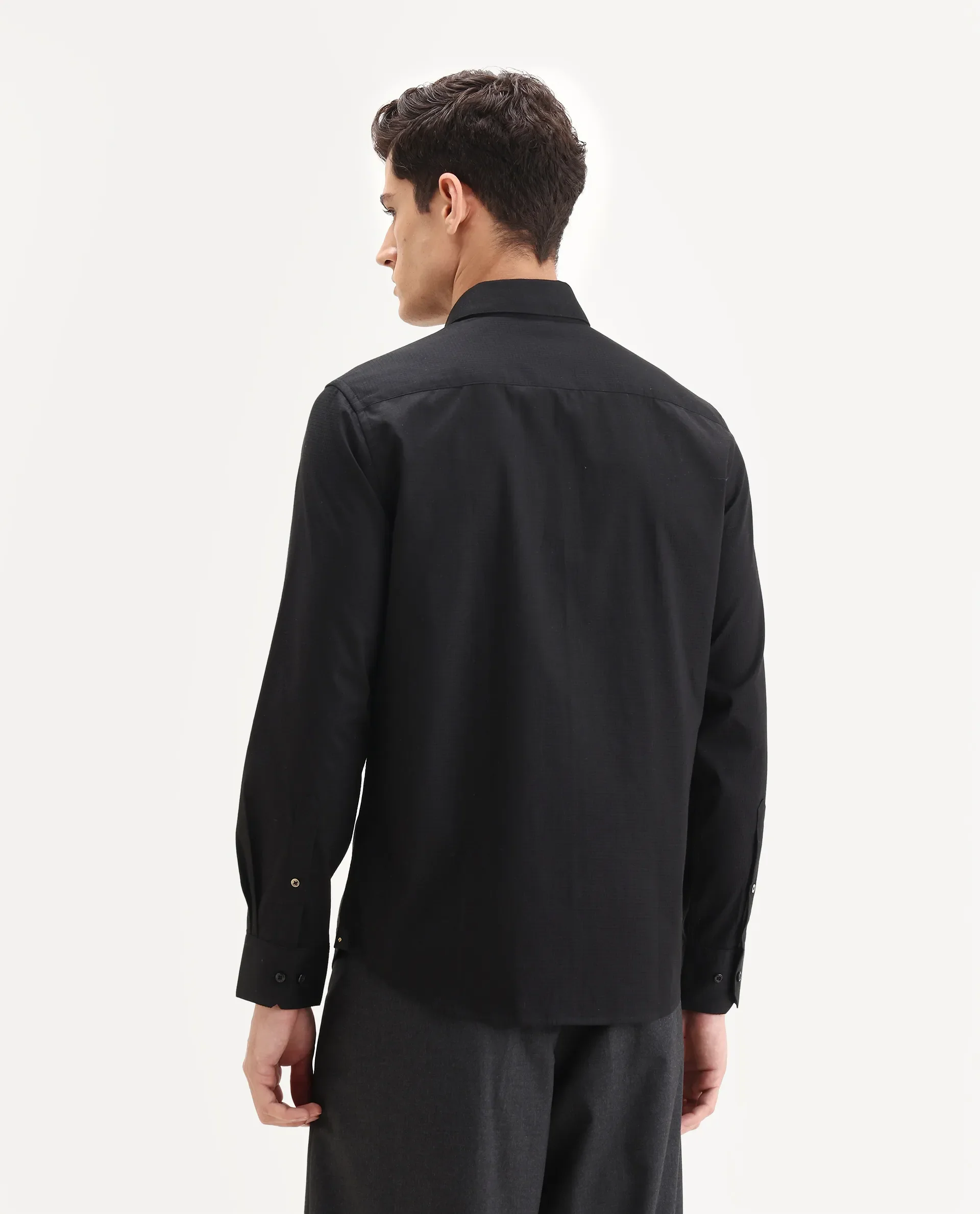 Rare Rabbit Men's Centi-25 Black Cotton Fabric Spread Collar Regular Fit Plain Shirt - Image 8