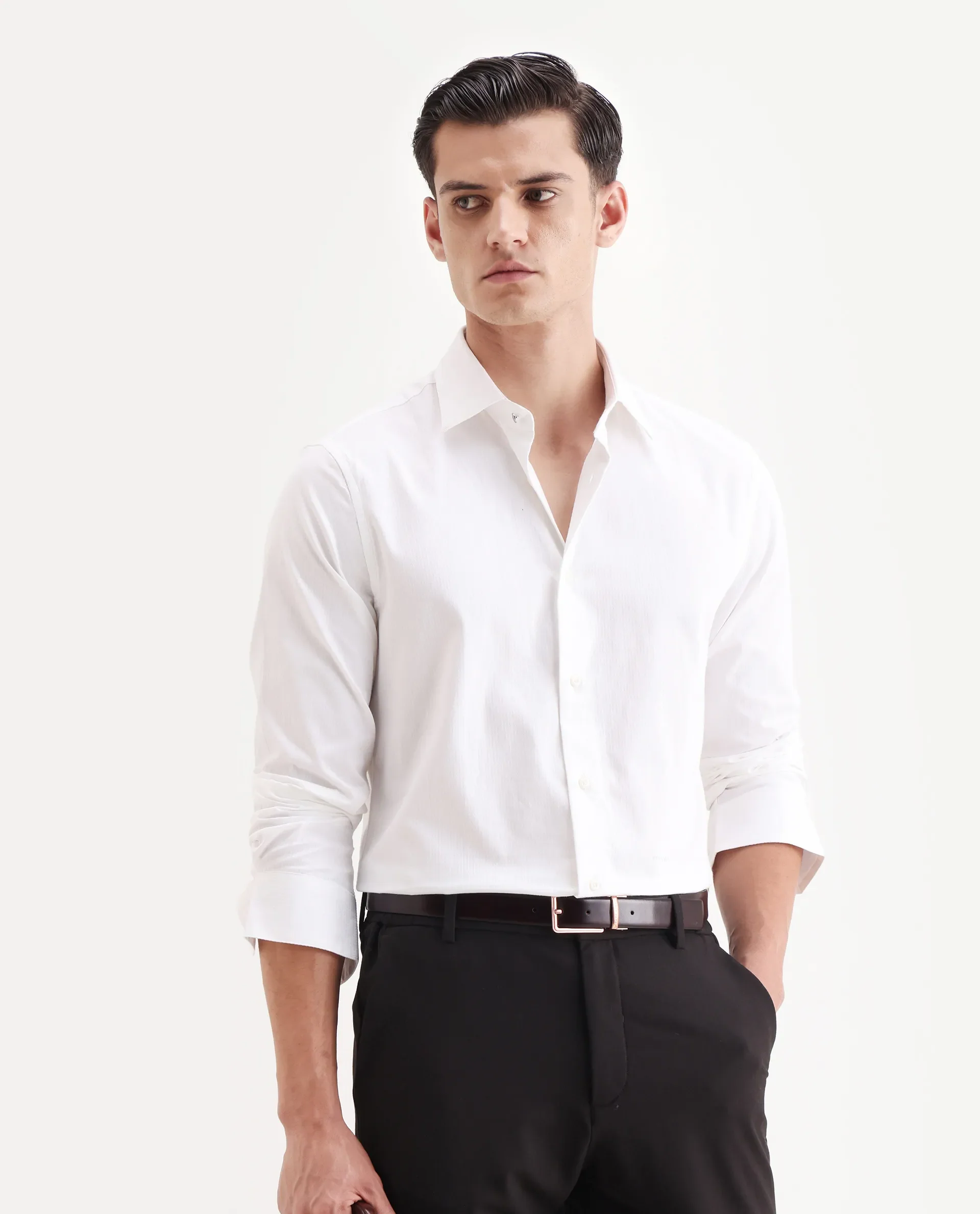 Rare Rabbit Men's Centi-25 White Cotton Fabric Spread Collar Regular Fit Plain Shirt