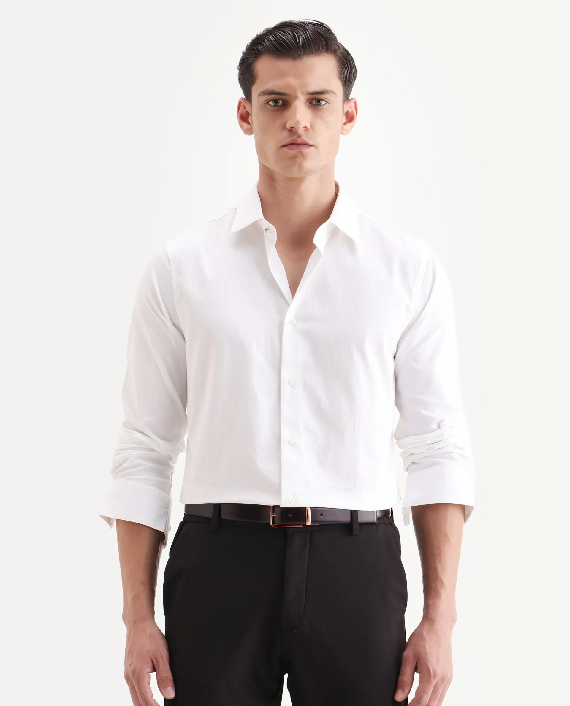 Rare Rabbit Men's Centi-25 White Cotton Fabric Spread Collar Regular Fit Plain Shirt - Image 4