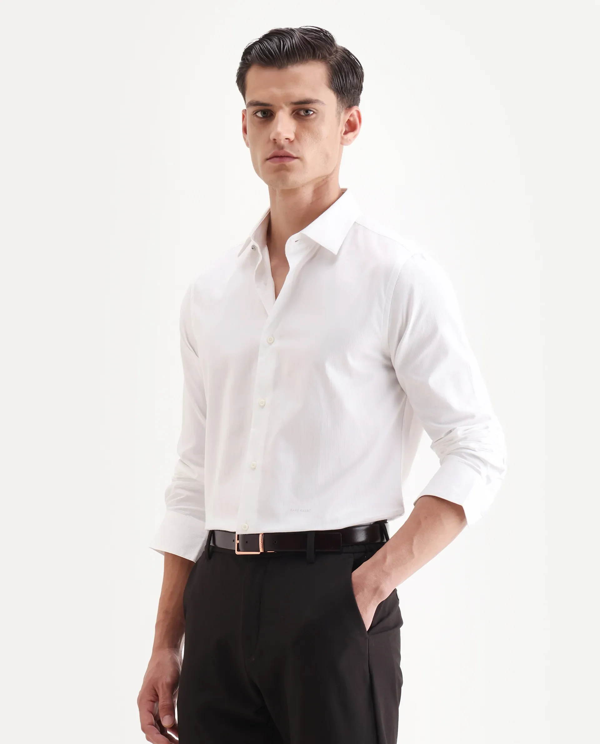 Rare Rabbit Men's Centi-25 White Cotton Fabric Spread Collar Regular Fit Plain Shirt - Image 5