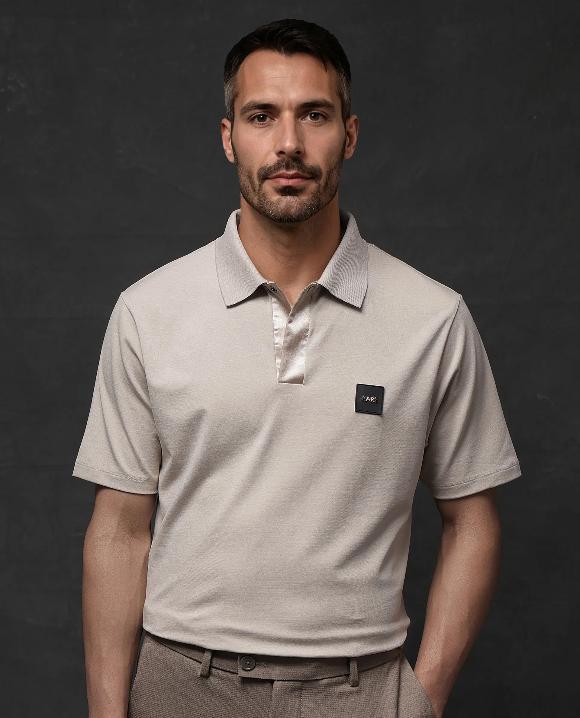 Rare Rabbit Men's Centor - Beige Cotton Plain Regular Fit Half Sleeve Polo