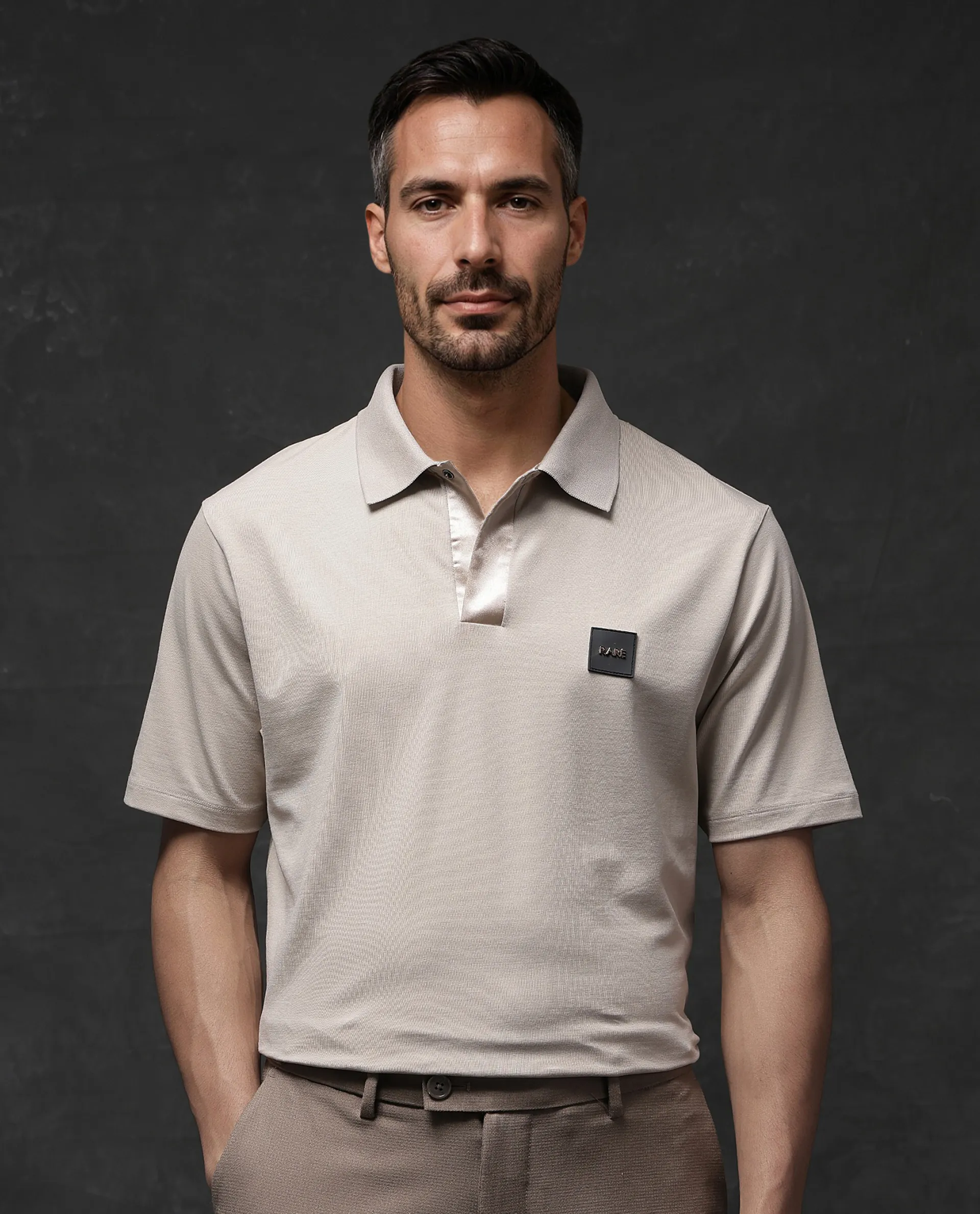 Rare Rabbit Men's Centor - Beige Cotton Plain Regular Fit Half Sleeve Polo - Image 3